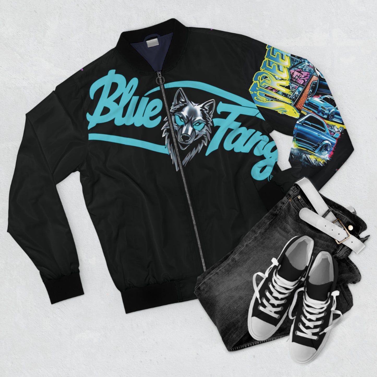 Men's Bomber Jacket with Bold Wolf Design, Cool Streetwear for Car Enthusiasts, Unique Gift for Birthdays, Fall Fashion