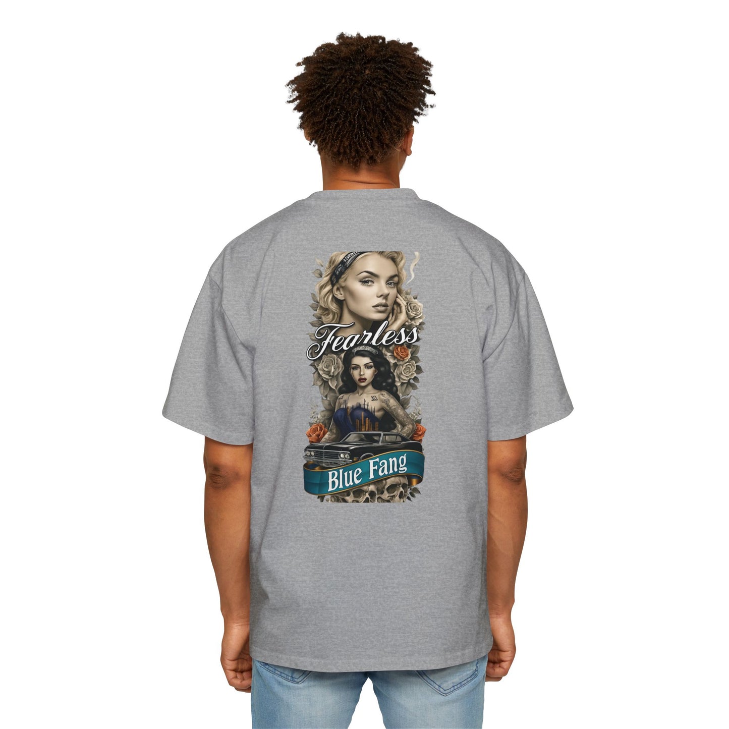 Fearless Blue Fang Men's Heavy Oversized Tee, Graphic Shirt for Casual Wear, Gift for Him, Streetwear Fashion, Unique Art Tee