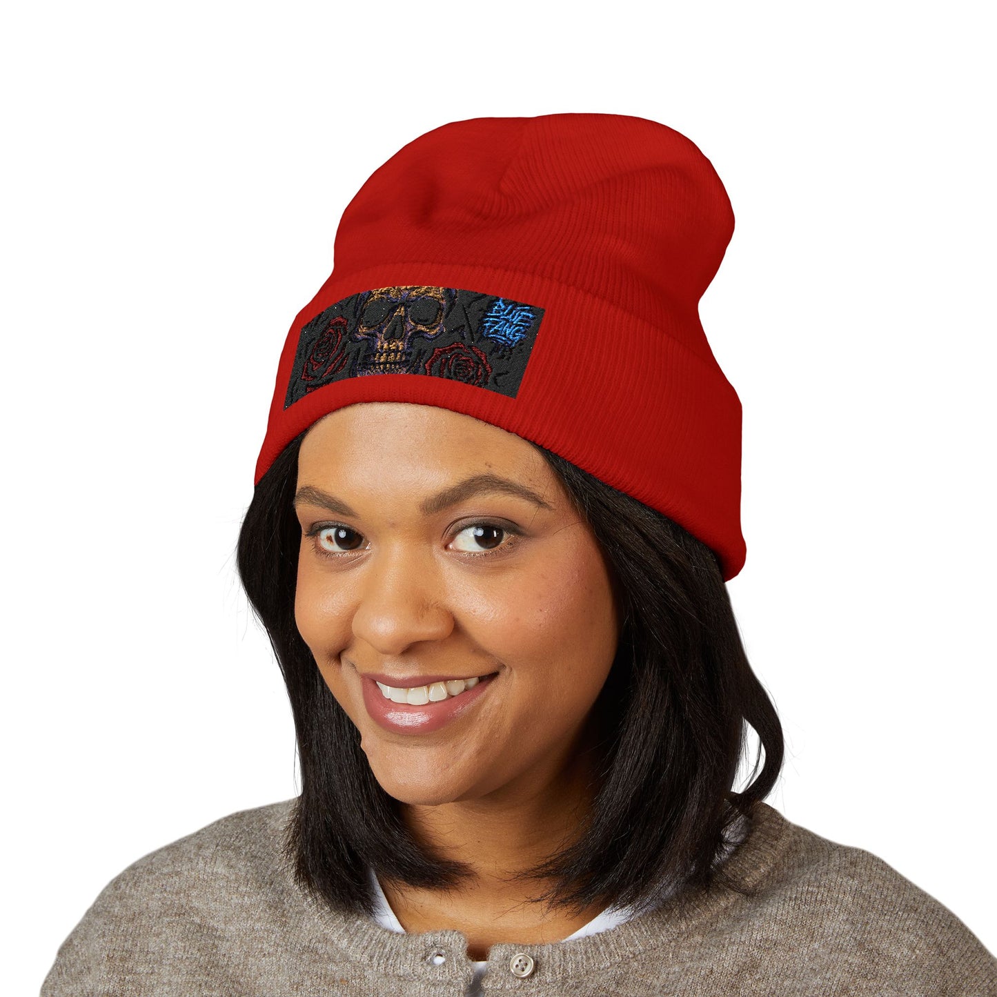 Skull & Roses Cuffed Beanie | Embroidered Winter Hat for Fashion Lovers, Unique Gift for Him/Her, Holiday Accessory, Cozy Casual Style