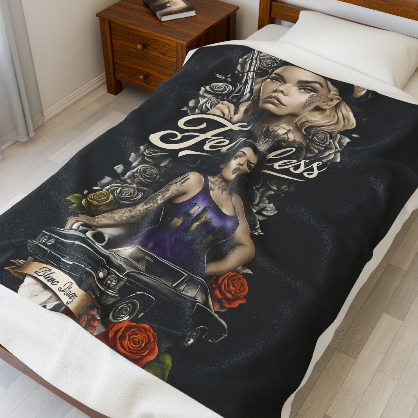 Fearless Tattoo Art Velveteen Plush Blanket, Cozy Throw, Unique Gift for Her, Boho Decor, Perfect for Women, Home Comfort
