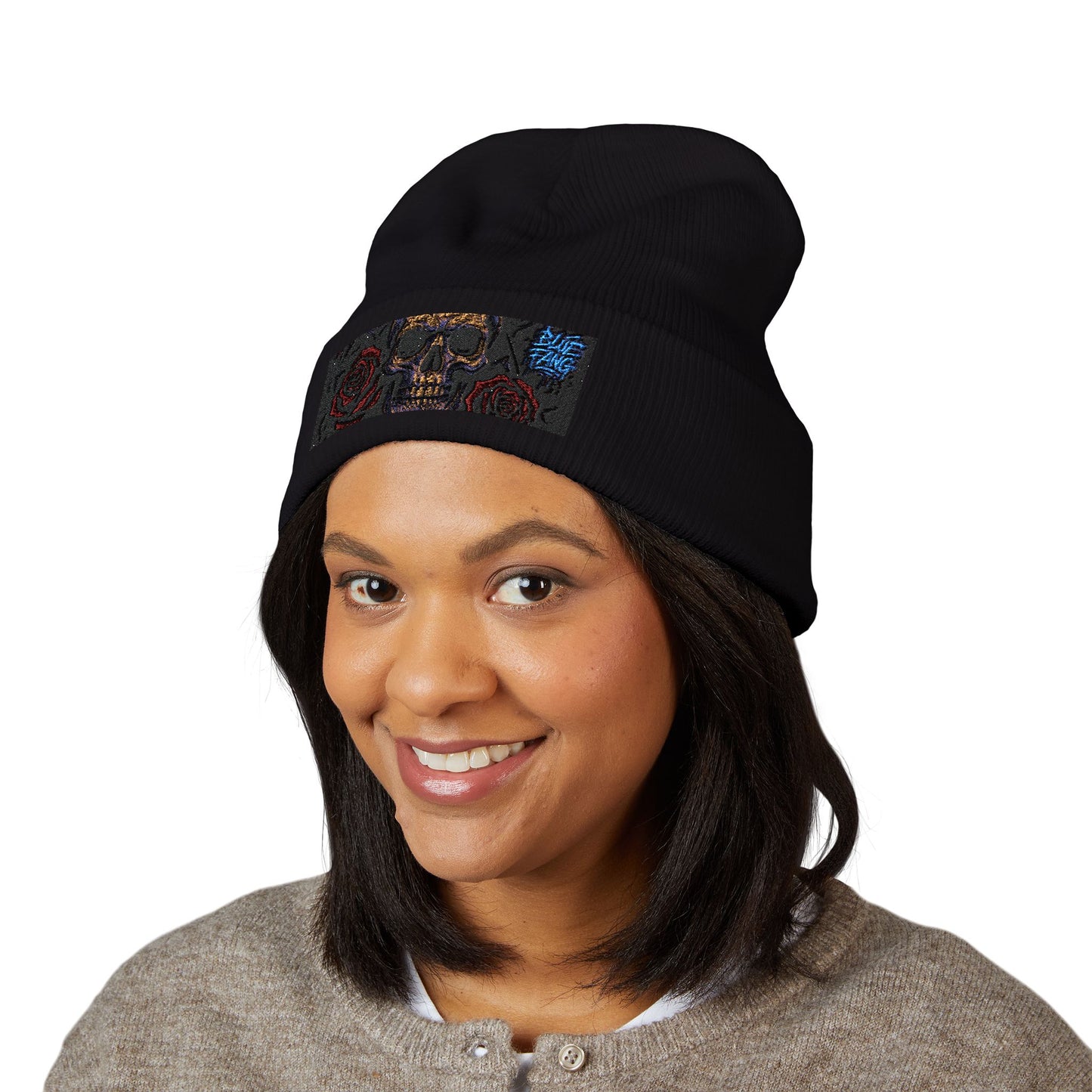 Skull & Roses Cuffed Beanie | Embroidered Winter Hat for Fashion Lovers, Unique Gift for Him/Her, Holiday Accessory, Cozy Casual Style