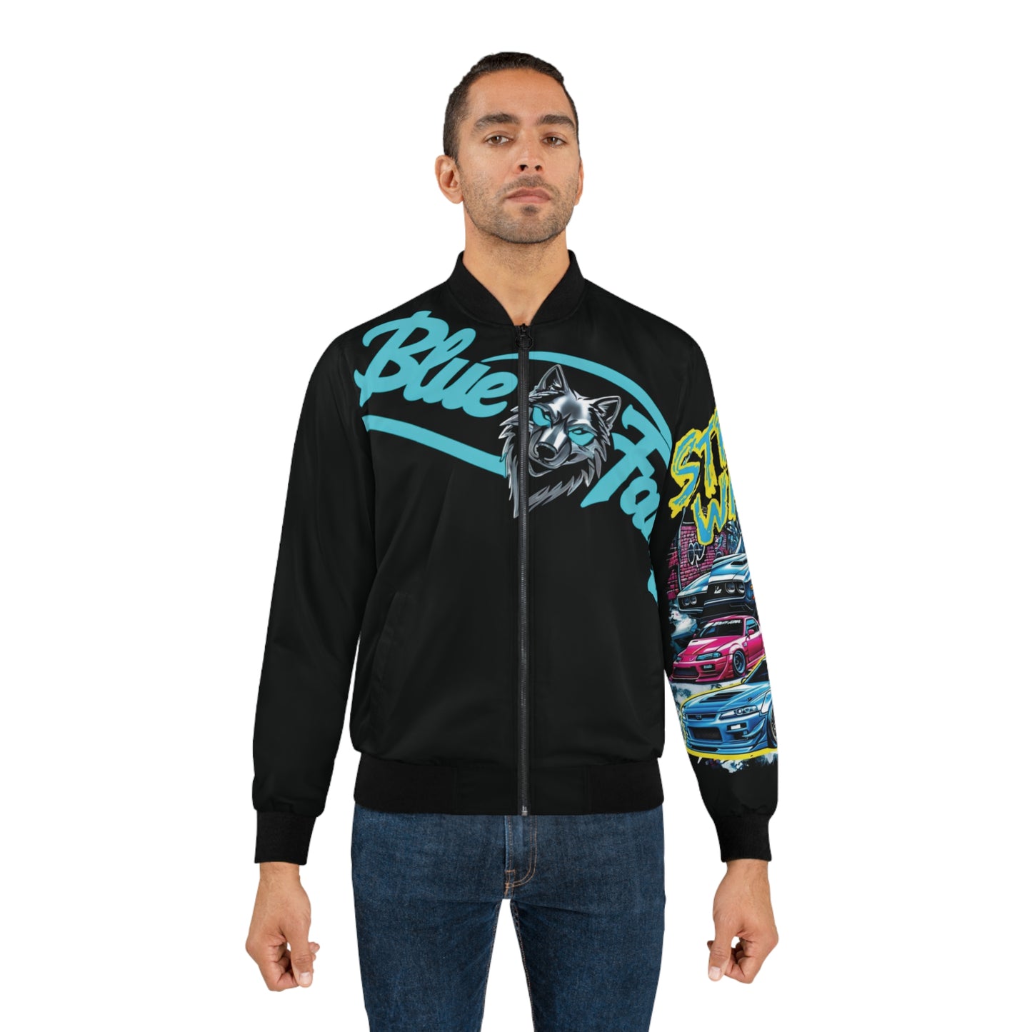Men's Bomber Jacket with Bold Wolf Design, Cool Streetwear for Car Enthusiasts, Unique Gift for Birthdays, Fall Fashion