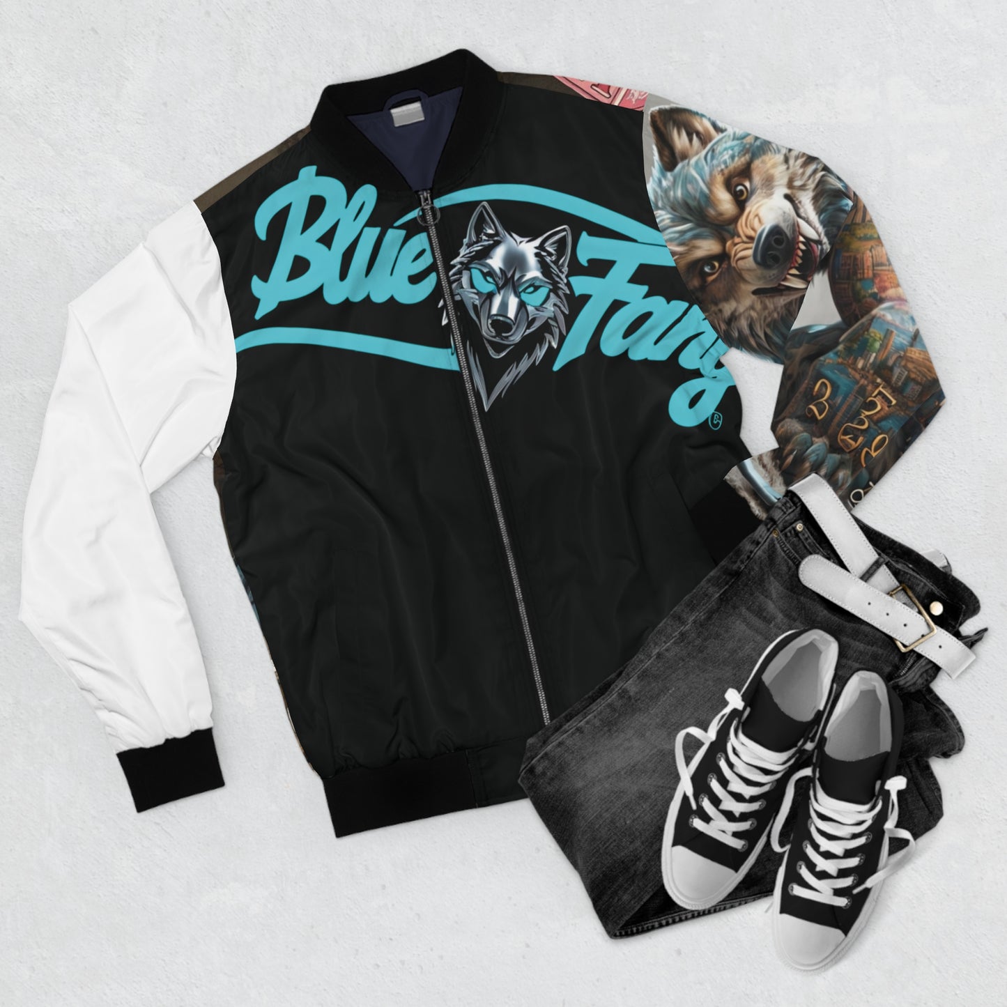 Men's Bomber Jacket - Urban Blue Fang Wolf Design