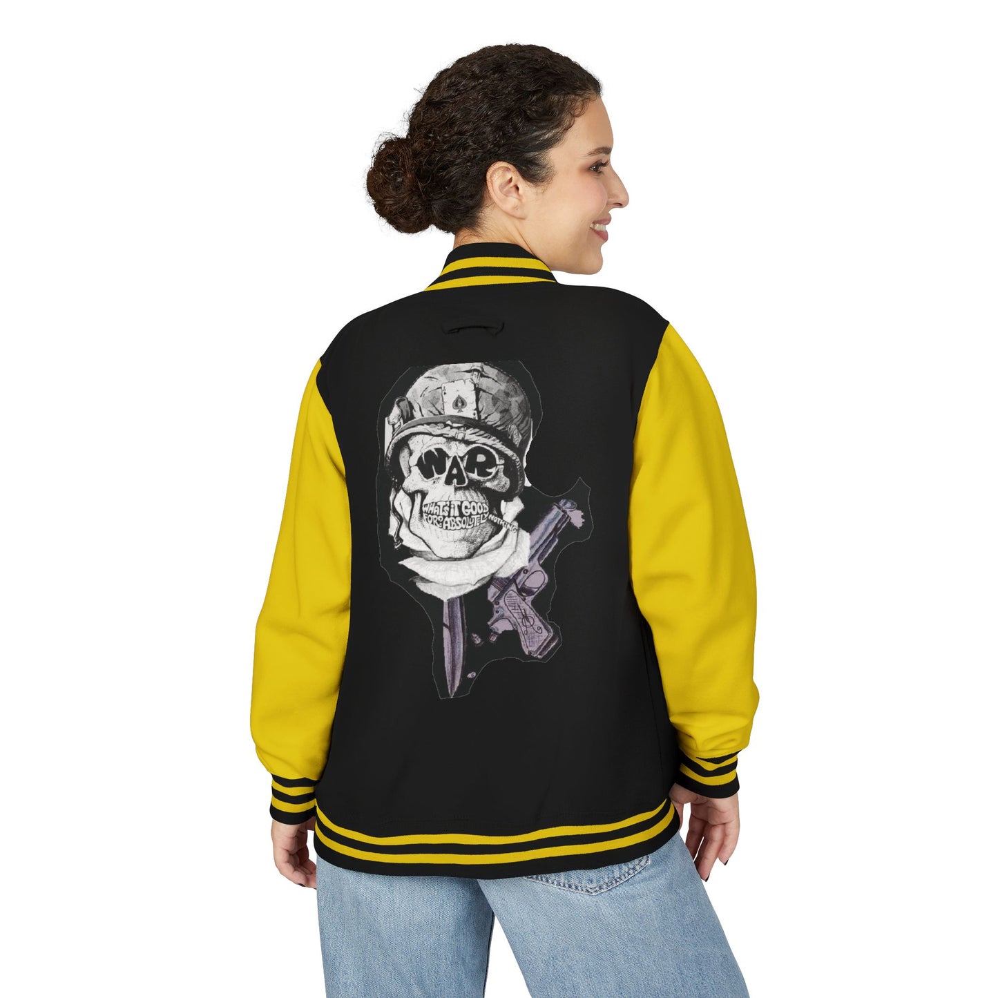 Edgy Unisex Heavyweight Letterman Jacket with Skull Design, Retro Bomber Style, Streetwear, Halloween Costume, Unique Gift Idea