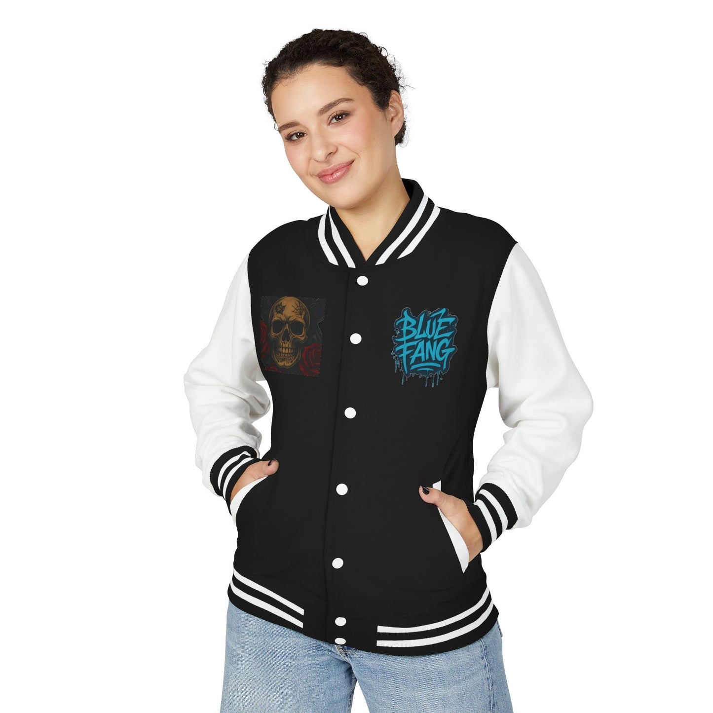 Edgy Unisex Heavyweight Letterman Jacket with Skull Design, Retro Bomber Style, Streetwear, Halloween Costume, Unique Gift Idea