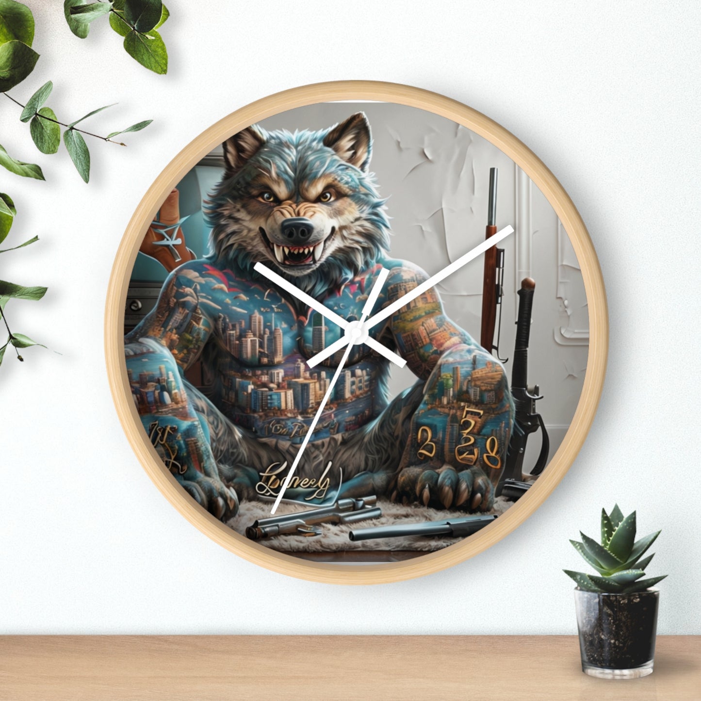 Tattooed Wolf Wall Clock - Urban Art Decor, Unique Gift, Home Office Vibe, Creative Wall Art, Animal Lover Gift
