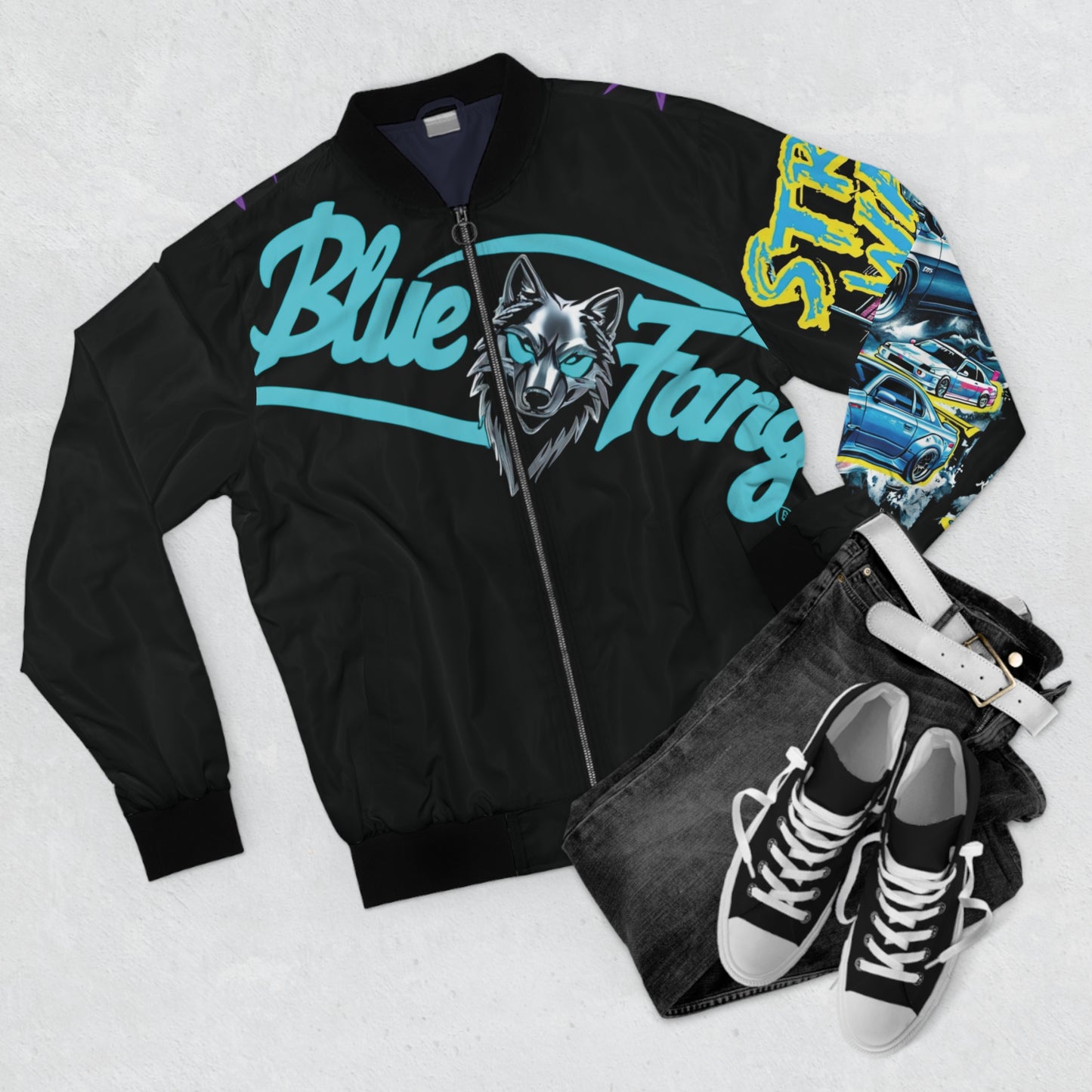 Men's Bomber Jacket with Bold Wolf Design, Cool Streetwear for Car Enthusiasts, Unique Gift for Birthdays, Fall Fashion