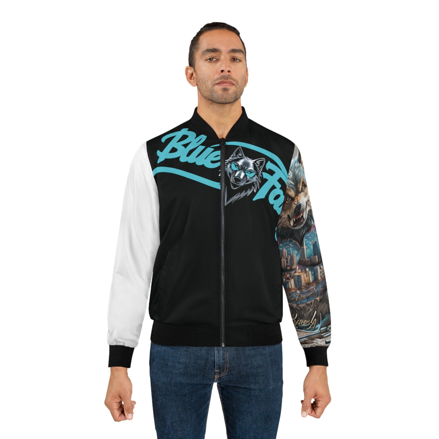 Men's Bomber Jacket - Urban Blue Fang Wolf Design