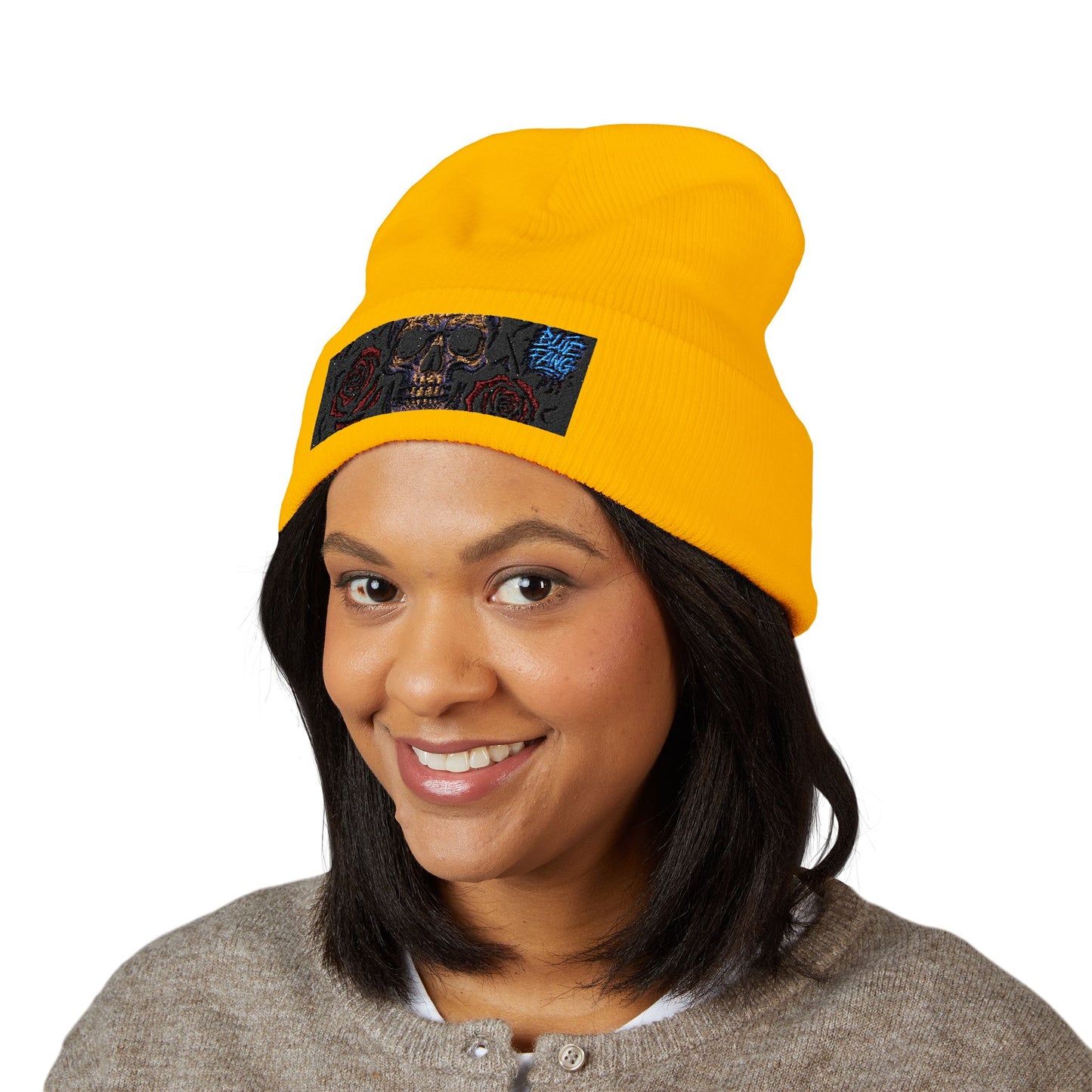 Skull & Roses Cuffed Beanie | Embroidered Winter Hat for Fashion Lovers, Unique Gift for Him/Her, Holiday Accessory, Cozy Casual Style