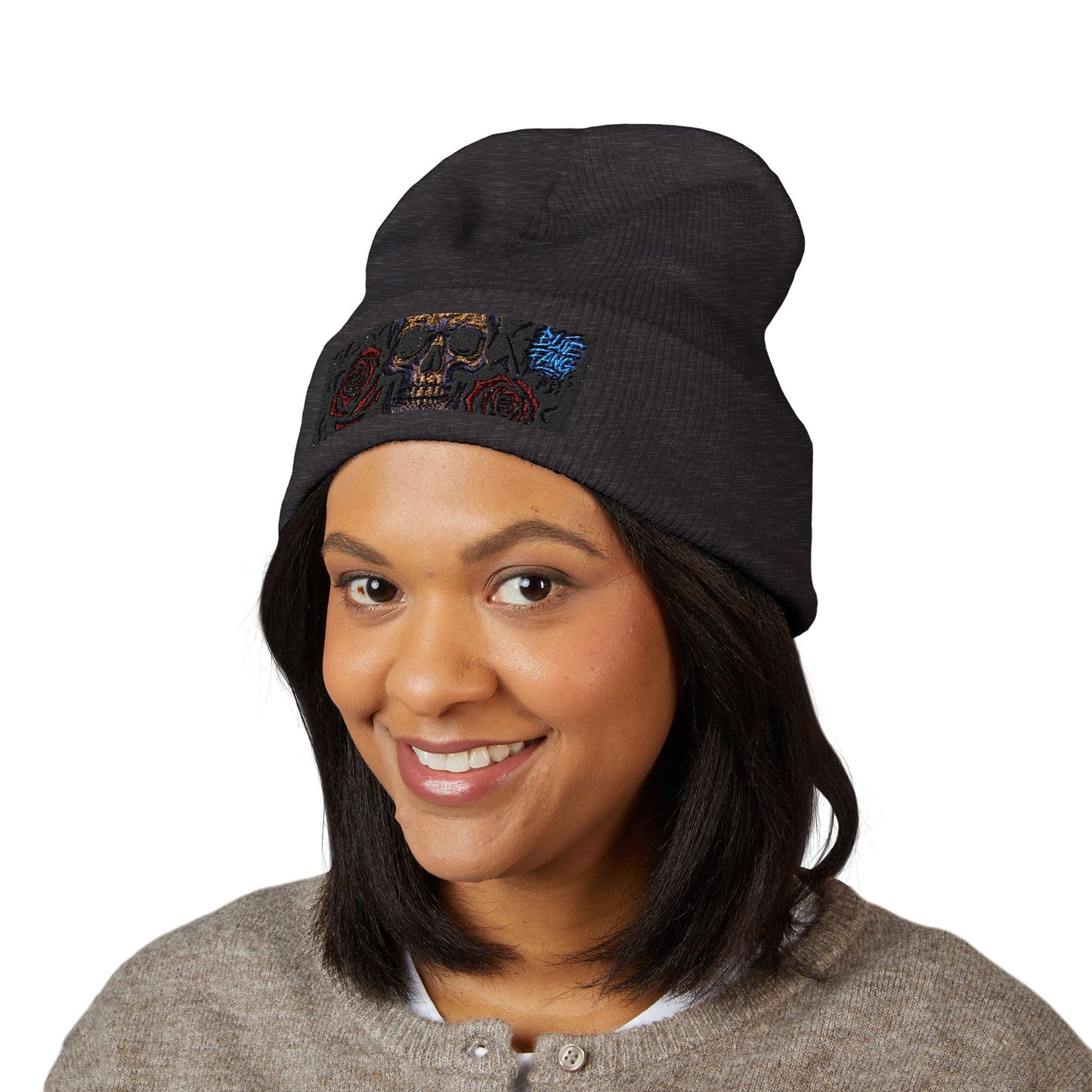 Skull & Roses Cuffed Beanie | Embroidered Winter Hat for Fashion Lovers, Unique Gift for Him/Her, Holiday Accessory, Cozy Casual Style