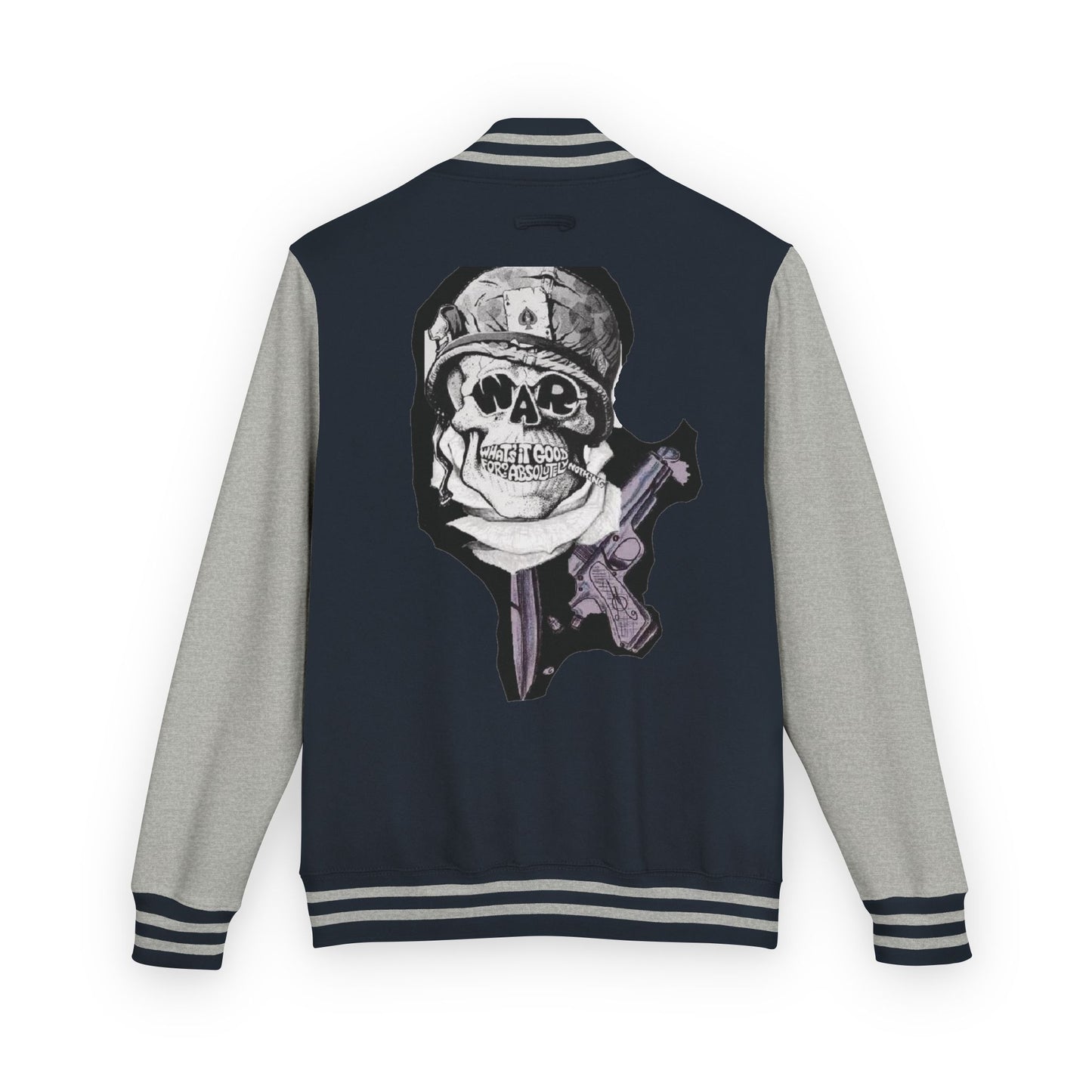 Edgy Unisex Heavyweight Letterman Jacket with Skull Design, Retro Bomber Style, Streetwear, Halloween Costume, Unique Gift Idea