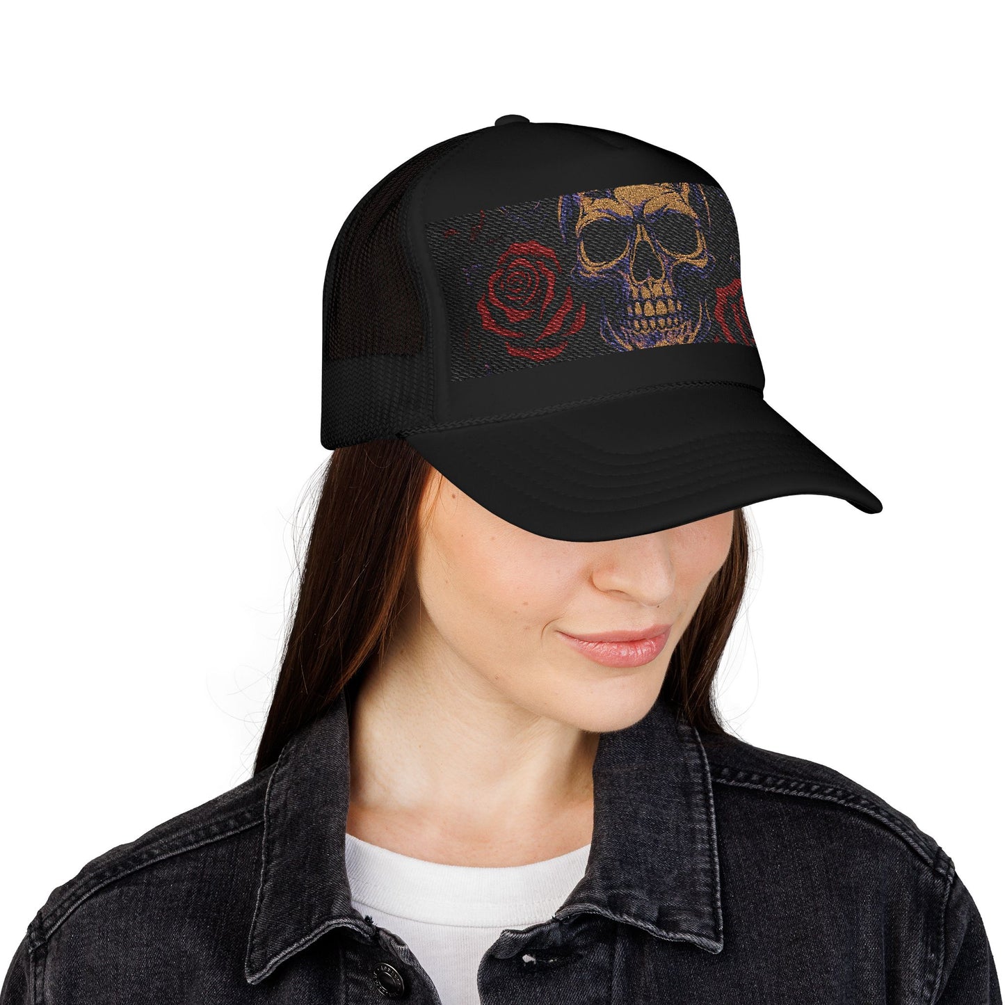Gothic Skull Trucker Hat, Edgy Hat for Festivals, Embroidered Foam Cap, Perfect Gift for Birthday, Halloween & Casual Wear