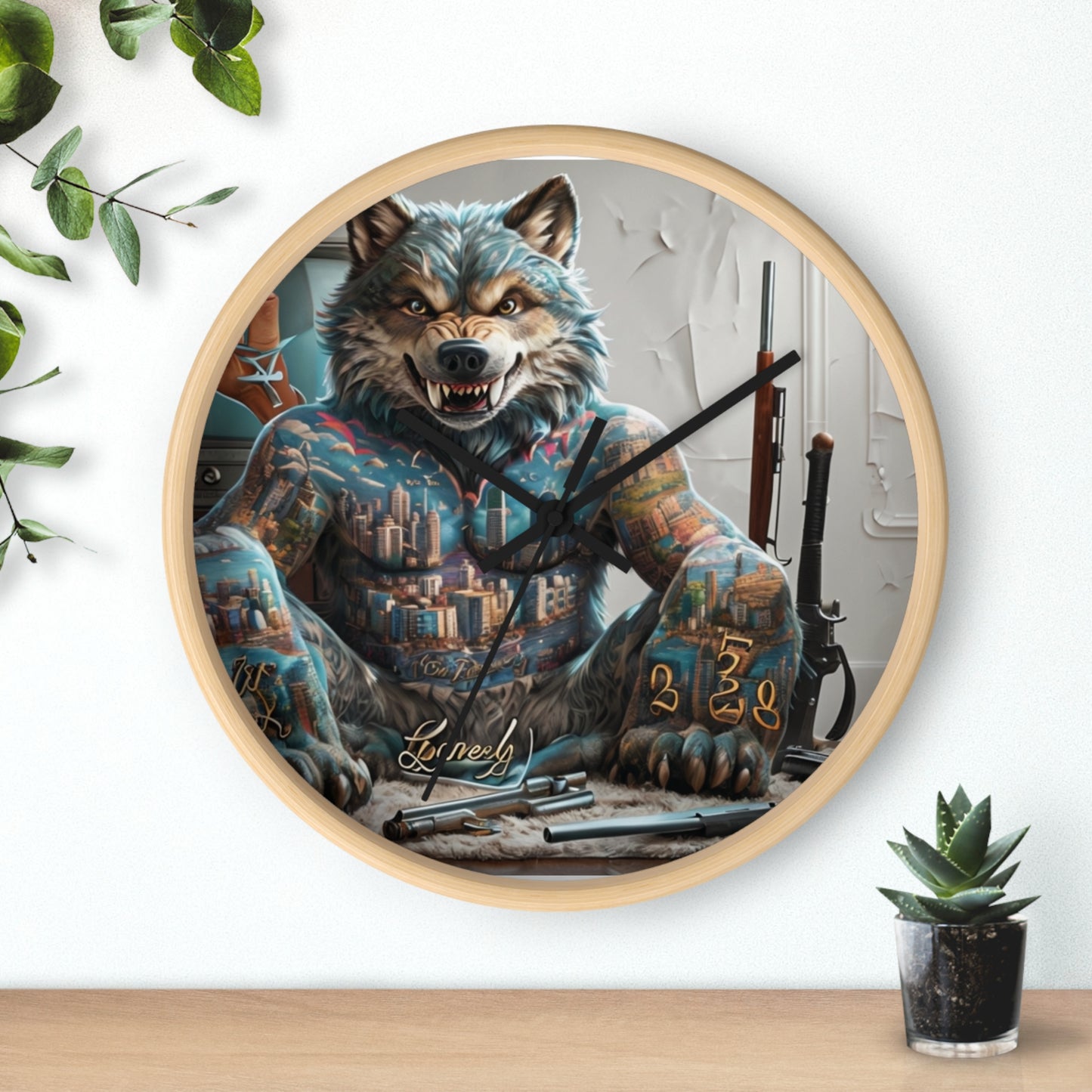 Tattooed Wolf Wall Clock - Urban Art Decor, Unique Gift, Home Office Vibe, Creative Wall Art, Animal Lover Gift