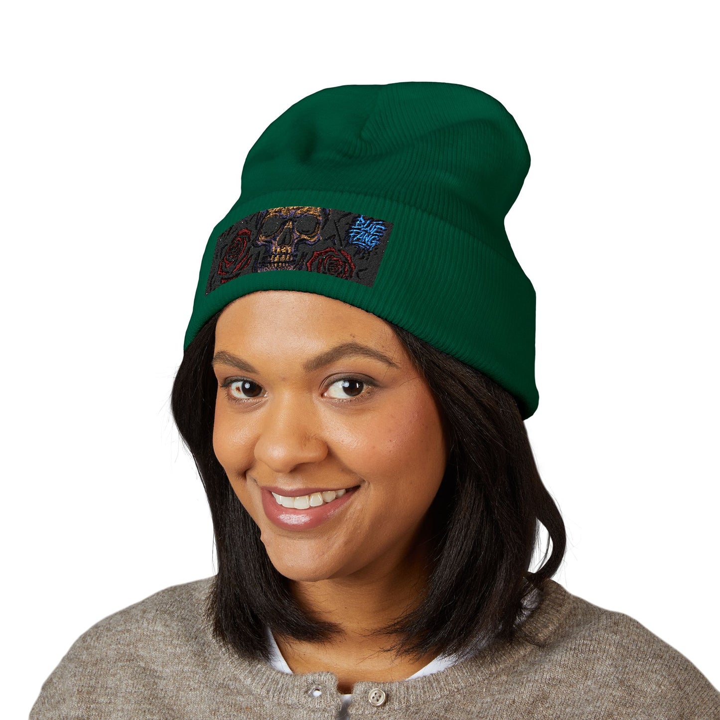 Skull & Roses Cuffed Beanie | Embroidered Winter Hat for Fashion Lovers, Unique Gift for Him/Her, Holiday Accessory, Cozy Casual Style