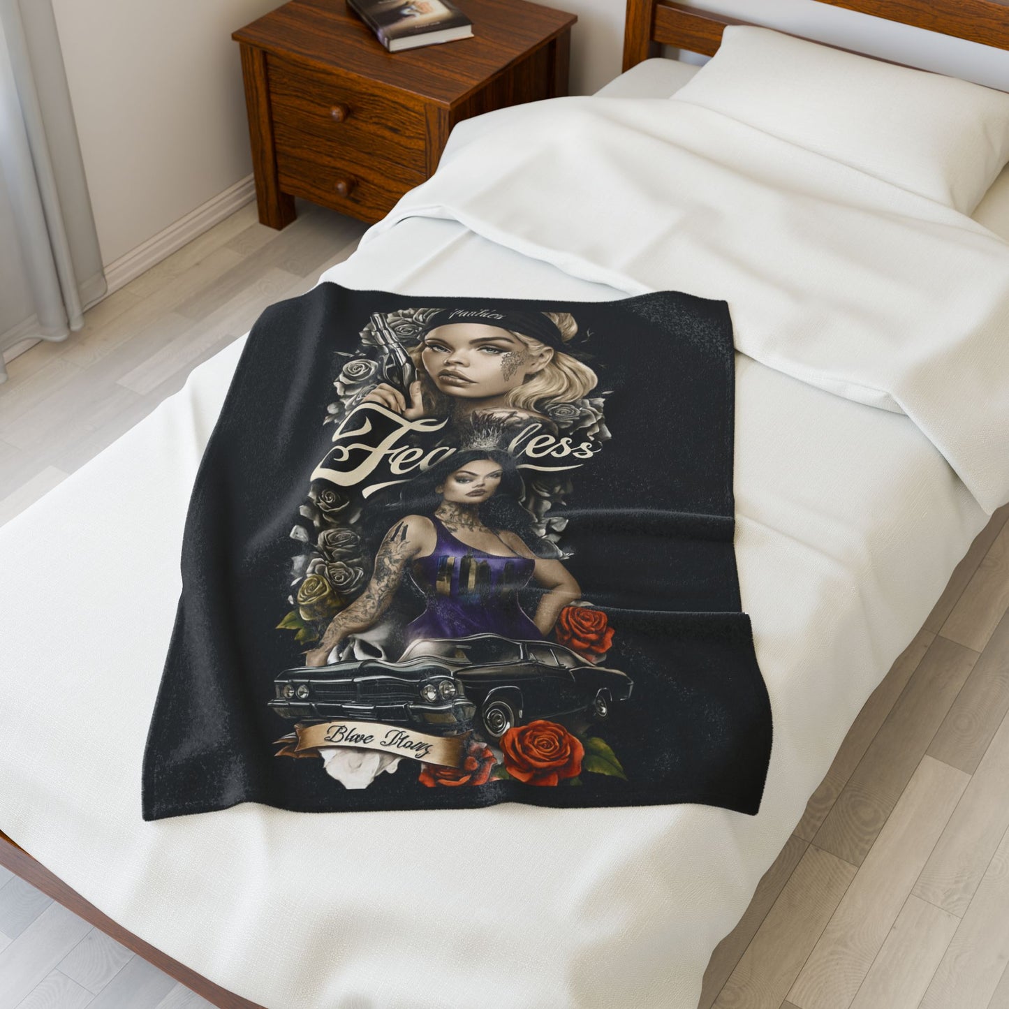 Fearless Tattoo Art Velveteen Plush Blanket, Cozy Throw, Unique Gift for Her, Boho Decor, Perfect for Women, Home Comfort