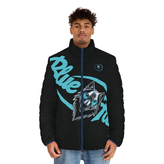 Men's Puffer Jacket - Urban Blue Fang Wolf Design