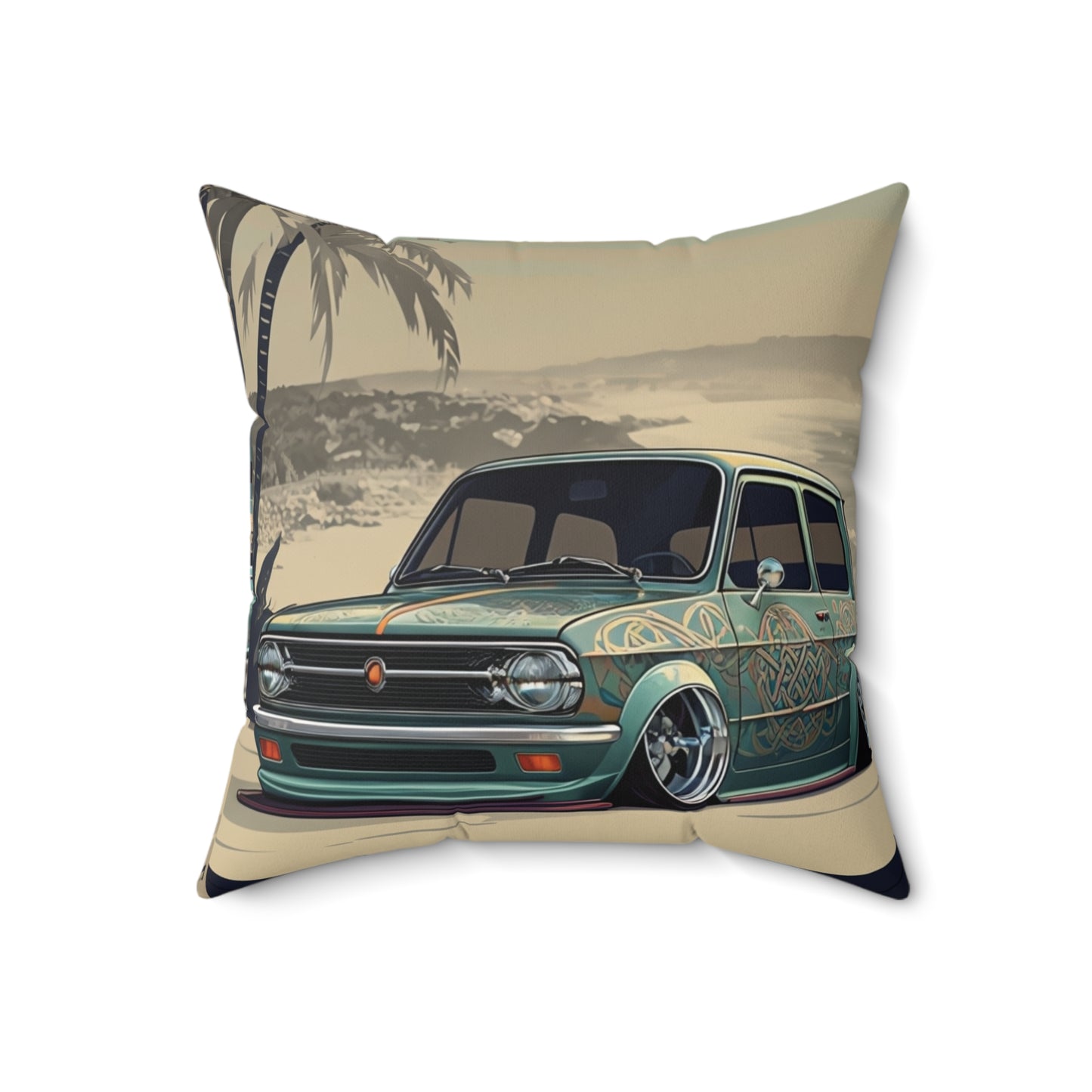Square Pillow - Beach Side Classic Car Design