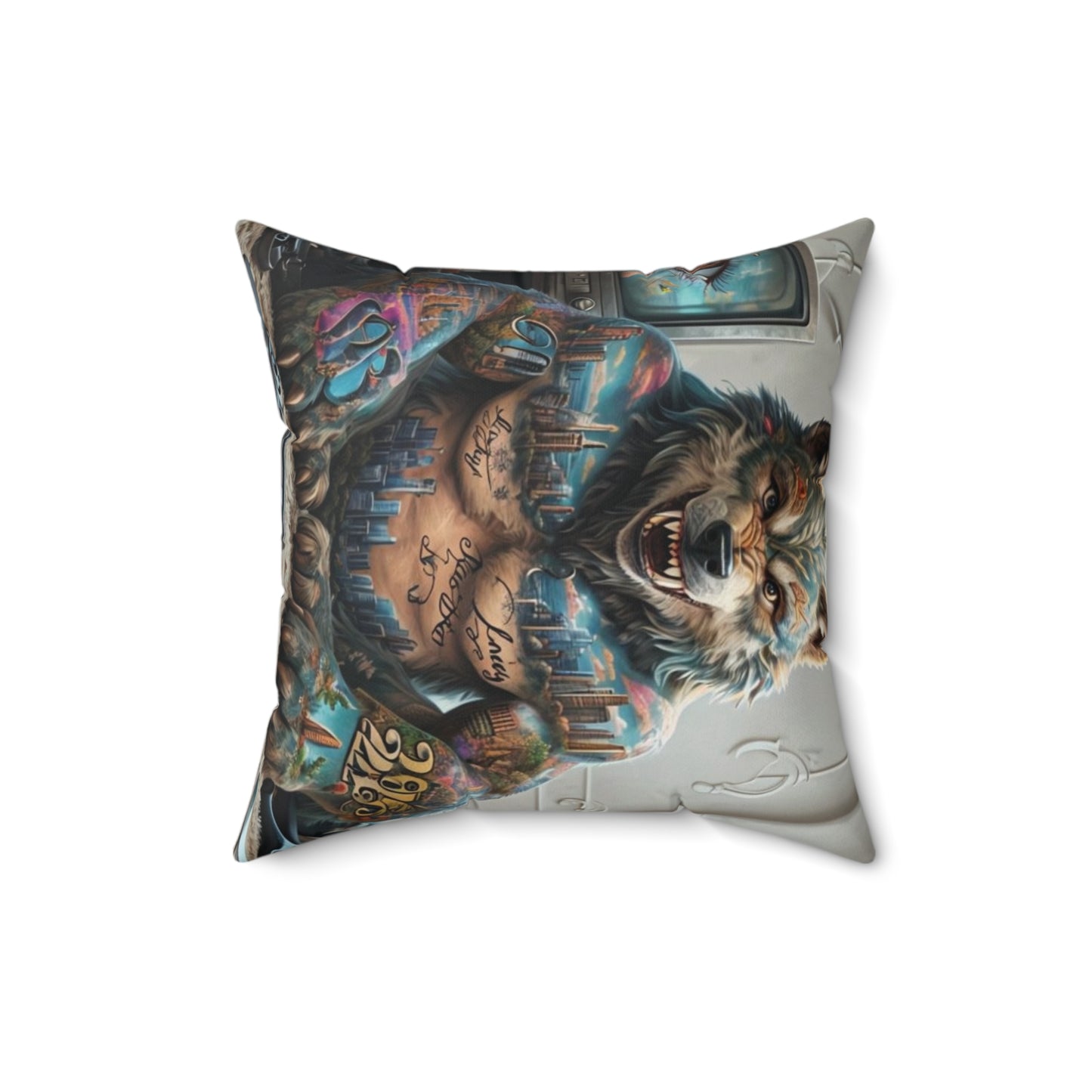 Urban Animal Art Pillow, Faux Suede Decorative Pillow, Street Art Home Décor, Unique Gift for Animal Lovers, Tattoo Bear and Wolf [...]