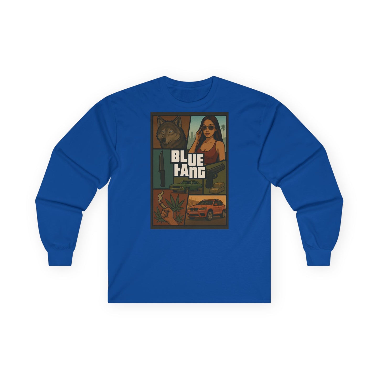 Retro Graphic Long Sleeve Tee, Streetwear Fashion Shirt, Vintage Style, Gift for Teens, Everyday Casual Wear, Blue Tang Design