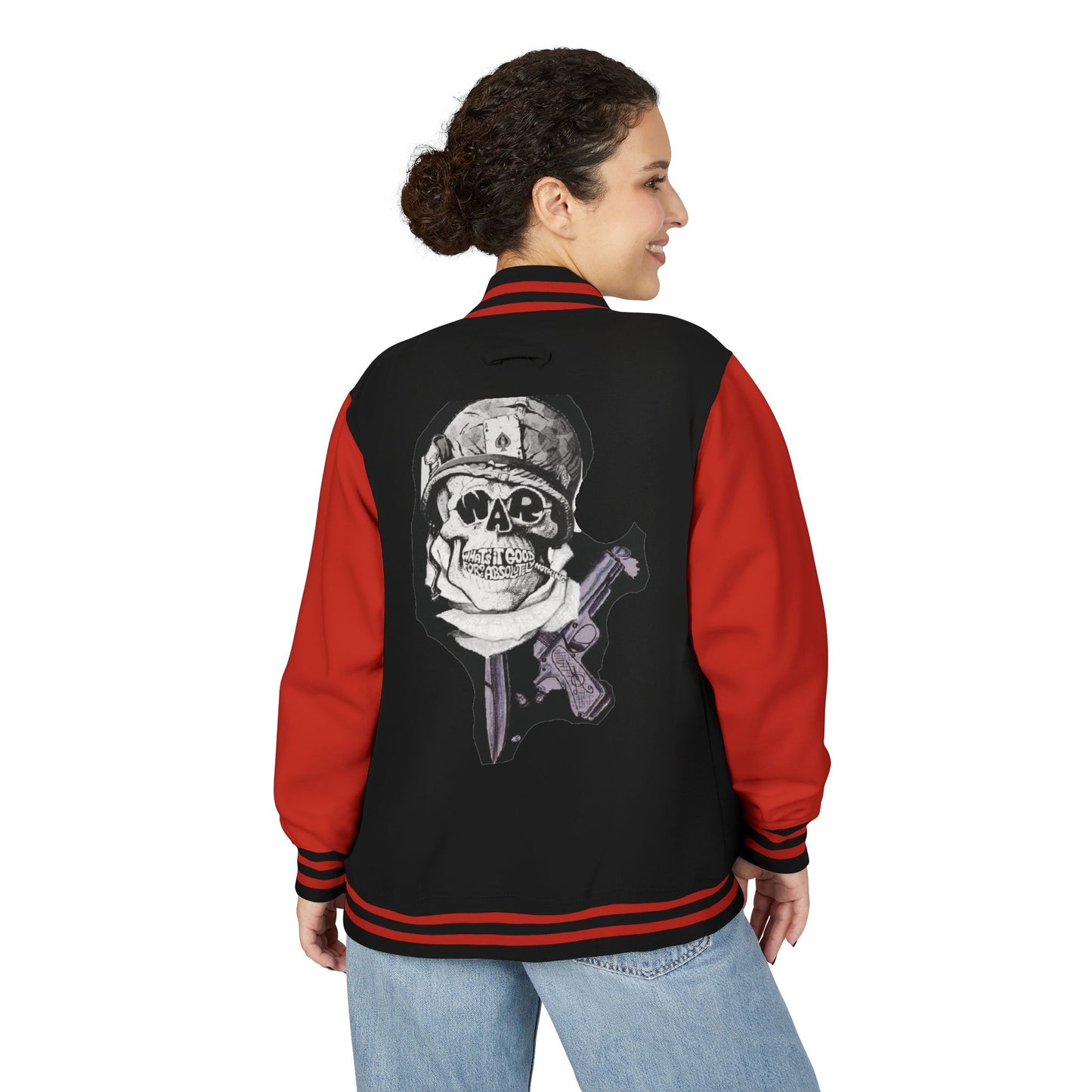 Edgy Unisex Heavyweight Letterman Jacket with Skull Design, Retro Bomber Style, Streetwear, Halloween Costume, Unique Gift Idea