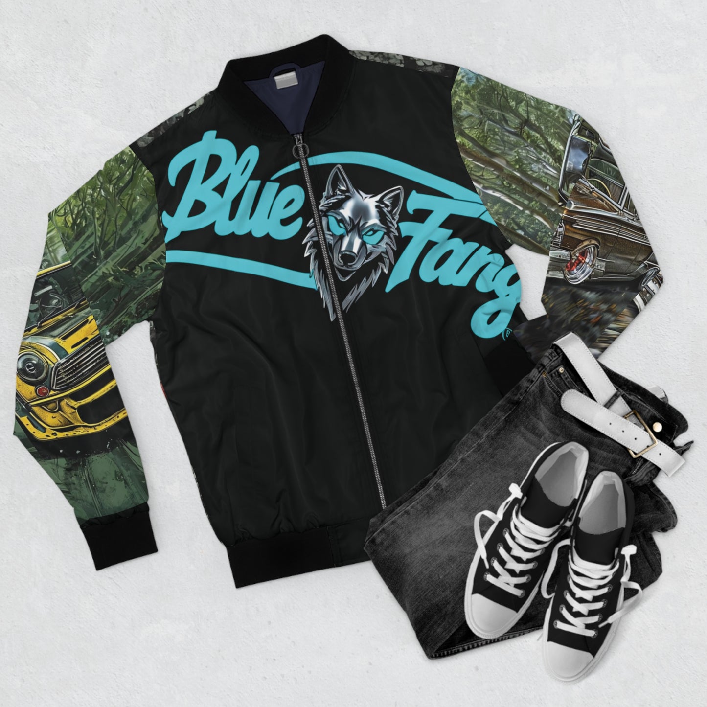 Men's Bomber Jacket with Bold Wolf Design, Cool Streetwear for Car Enthusiasts, Unique Gift for Birthdays, Fall Fashion