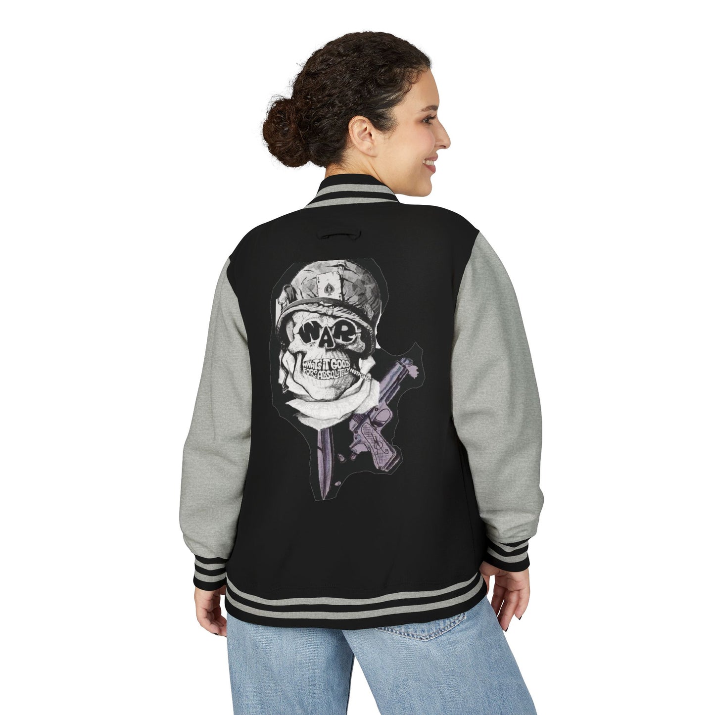 Edgy Unisex Heavyweight Letterman Jacket with Skull Design, Retro Bomber Style, Streetwear, Halloween Costume, Unique Gift Idea