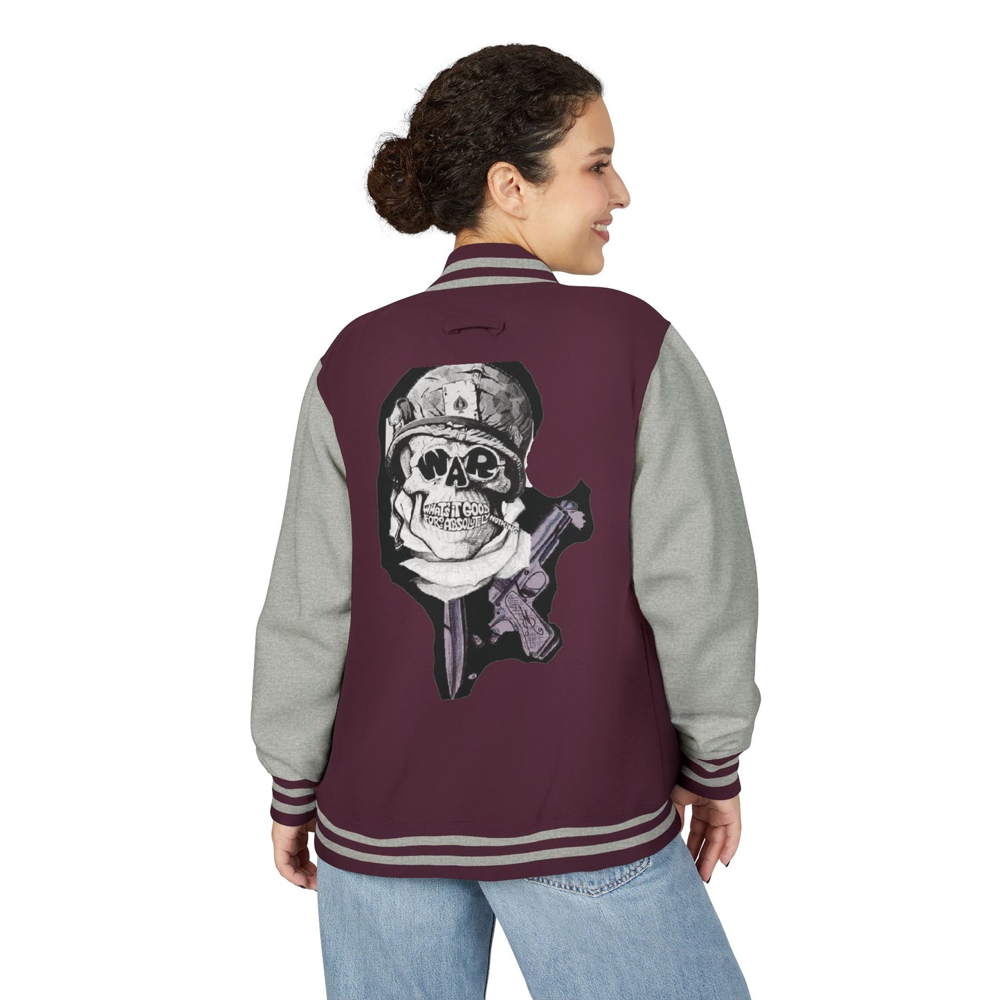 Edgy Unisex Heavyweight Letterman Jacket with Skull Design, Retro Bomber Style, Streetwear, Halloween Costume, Unique Gift Idea