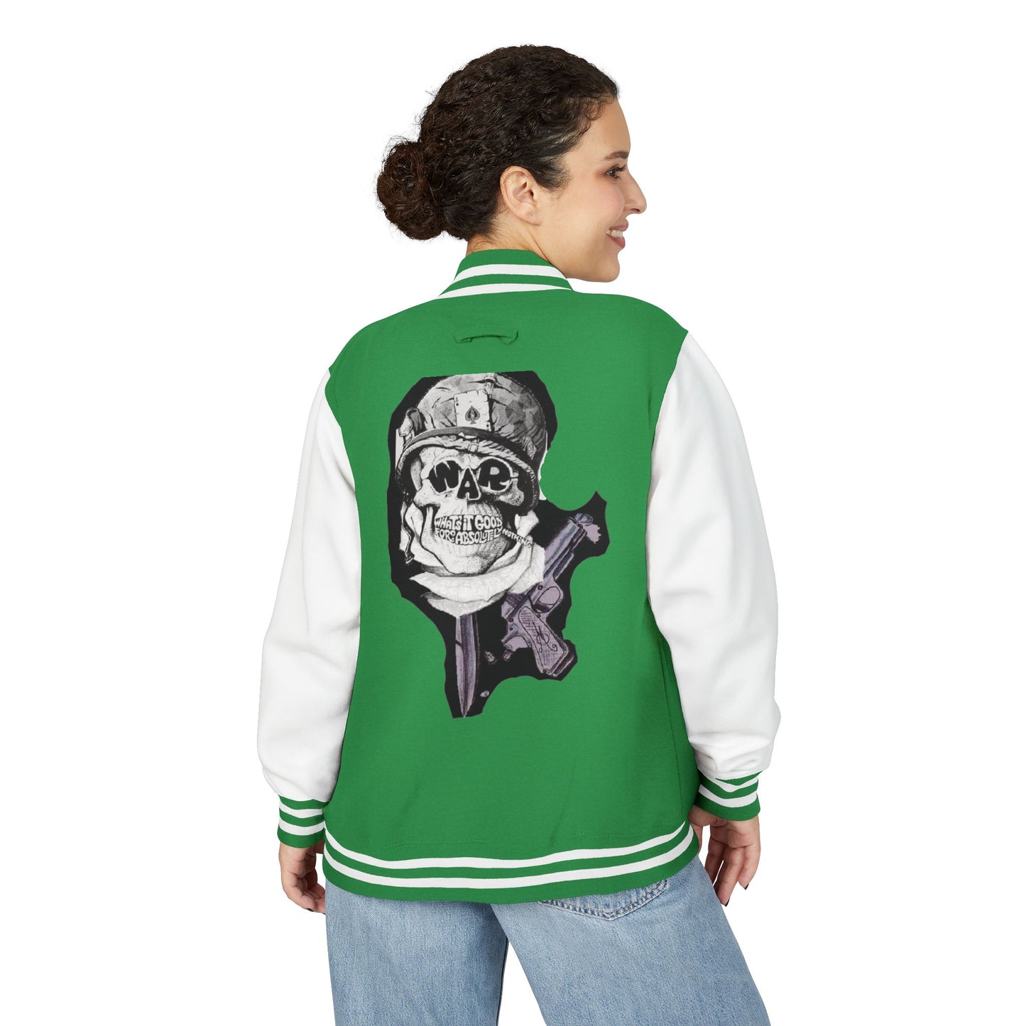 Edgy Unisex Heavyweight Letterman Jacket with Skull Design, Retro Bomber Style, Streetwear, Halloween Costume, Unique Gift Idea