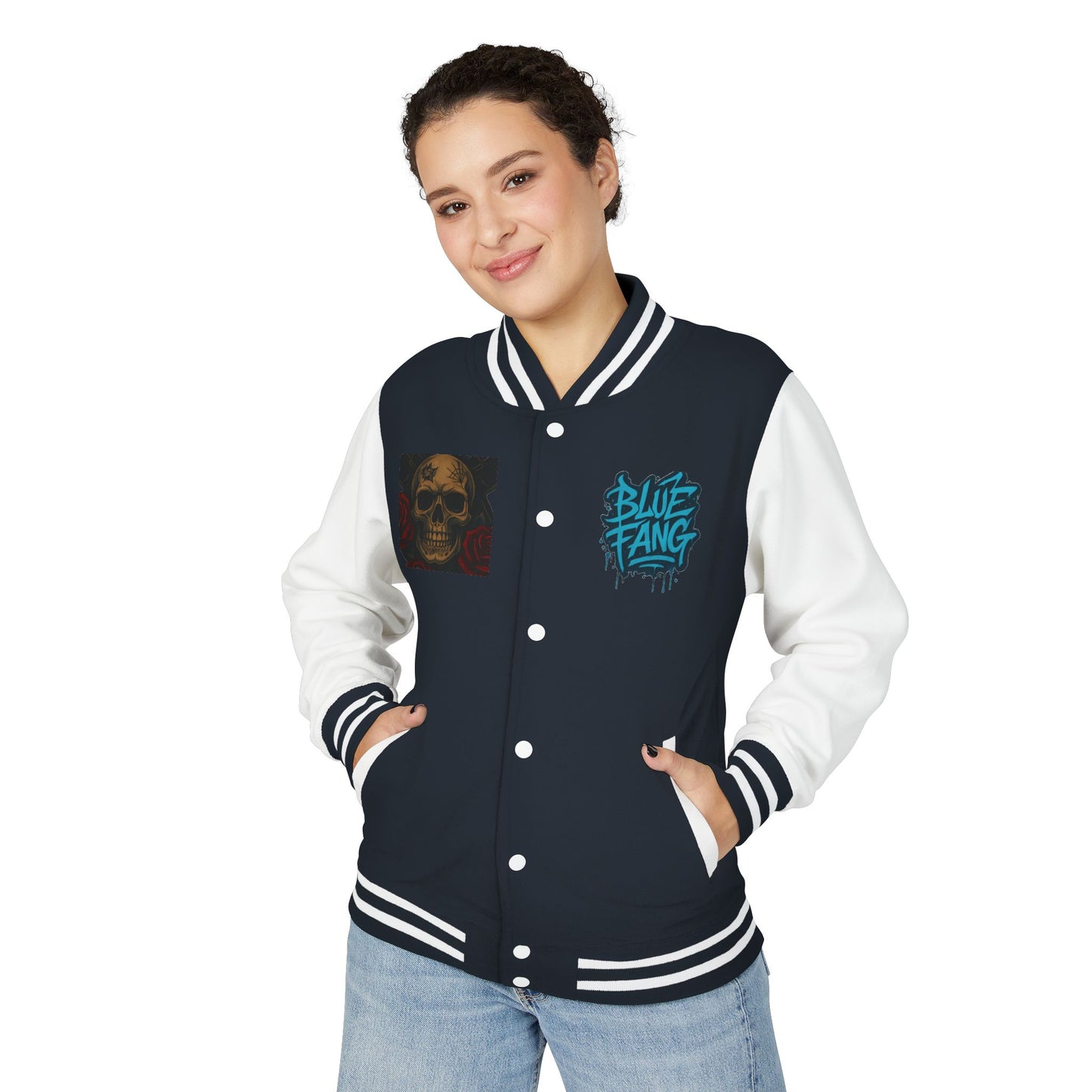 Edgy Unisex Heavyweight Letterman Jacket with Skull Design, Retro Bomber Style, Streetwear, Halloween Costume, Unique Gift Idea