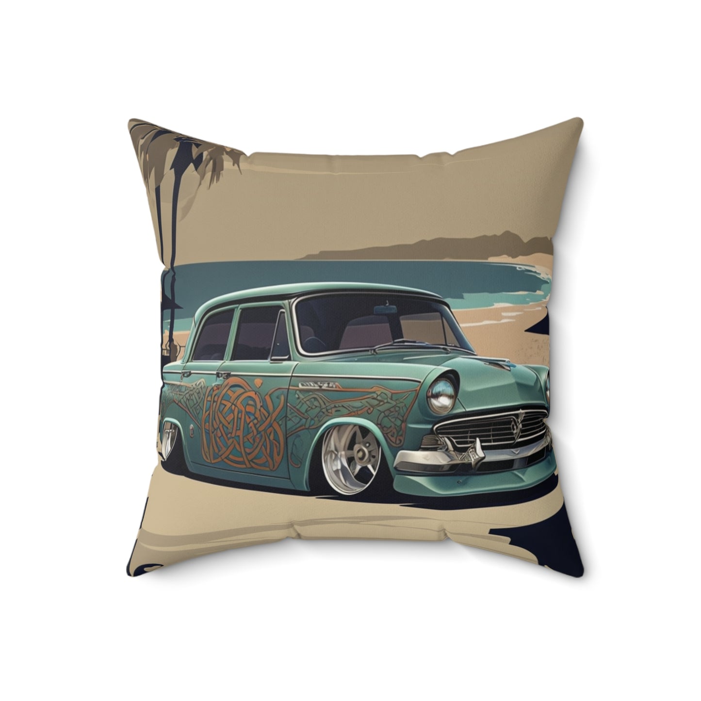 Square Pillow - Beach Side Classic Car Design