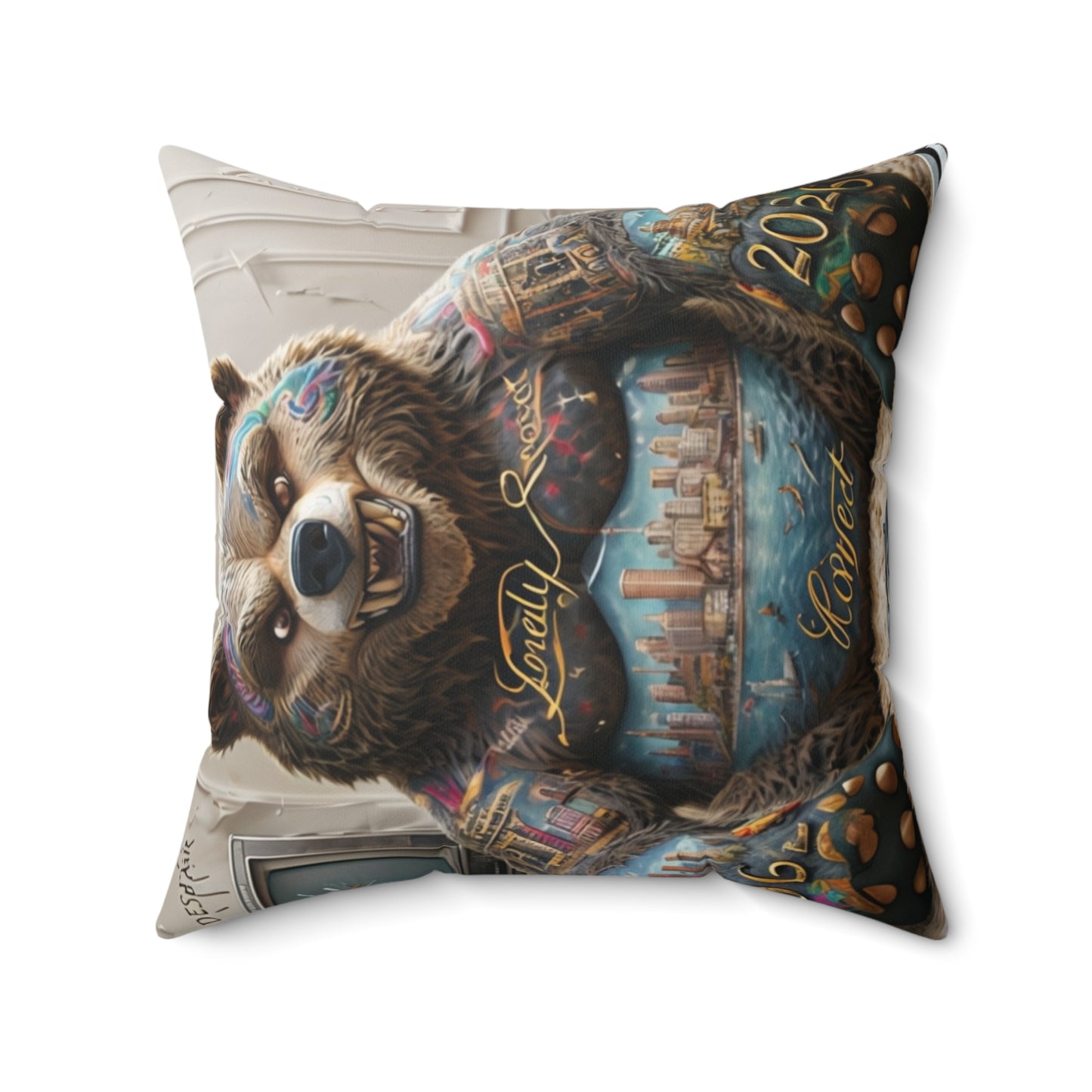 Urban Animal Art Pillow, Faux Suede Decorative Pillow, Street Art Home Décor, Unique Gift for Animal Lovers, Tattoo Bear and Wolf [...]