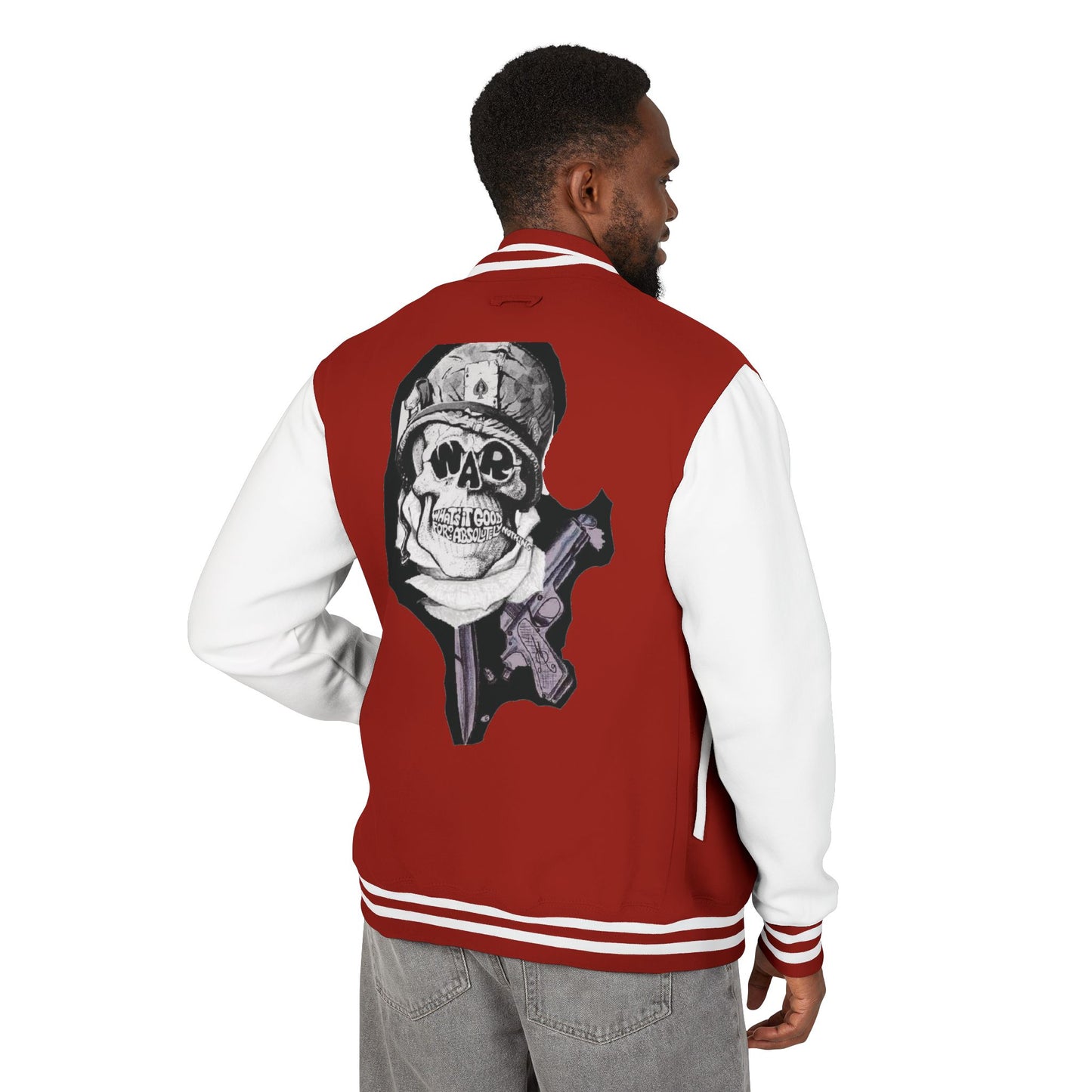 Edgy Unisex Heavyweight Letterman Jacket with Skull Design, Retro Bomber Style, Streetwear, Halloween Costume, Unique Gift Idea