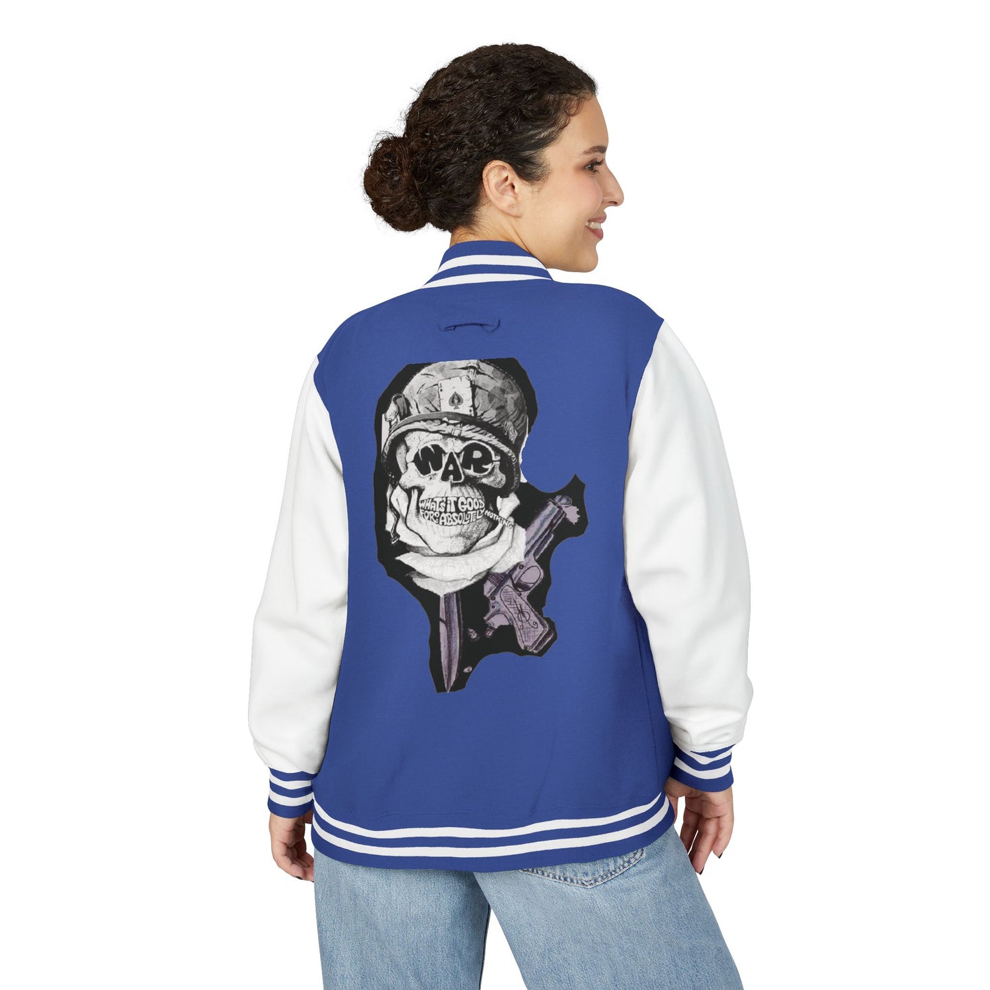 Edgy Unisex Heavyweight Letterman Jacket with Skull Design, Retro Bomber Style, Streetwear, Halloween Costume, Unique Gift Idea