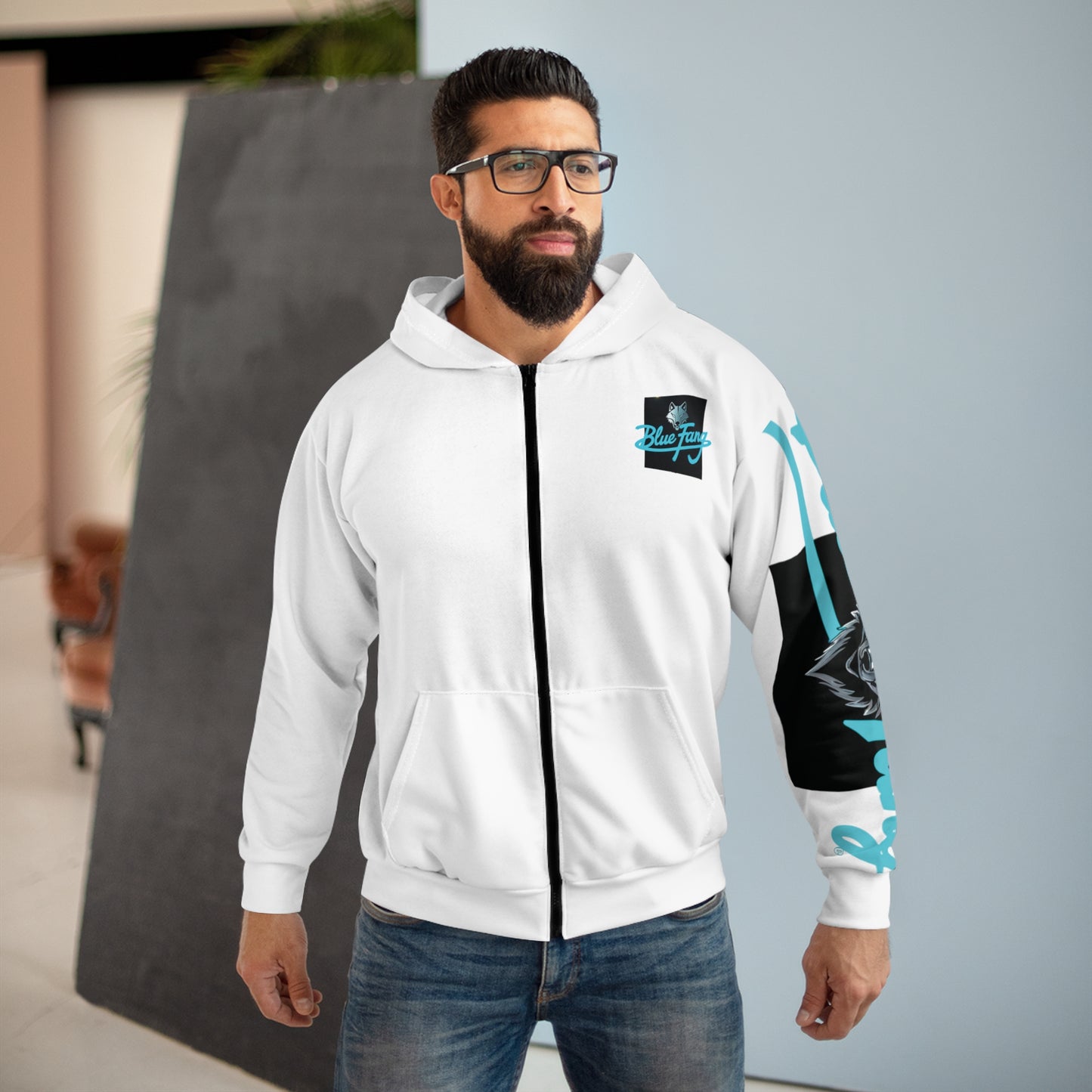 Fearless Blue Fang Unisex Zip Hoodie, Trendy Zip-Up Jacket, Casual Streetwear, Layering Piece, Gift for Art Lovers
