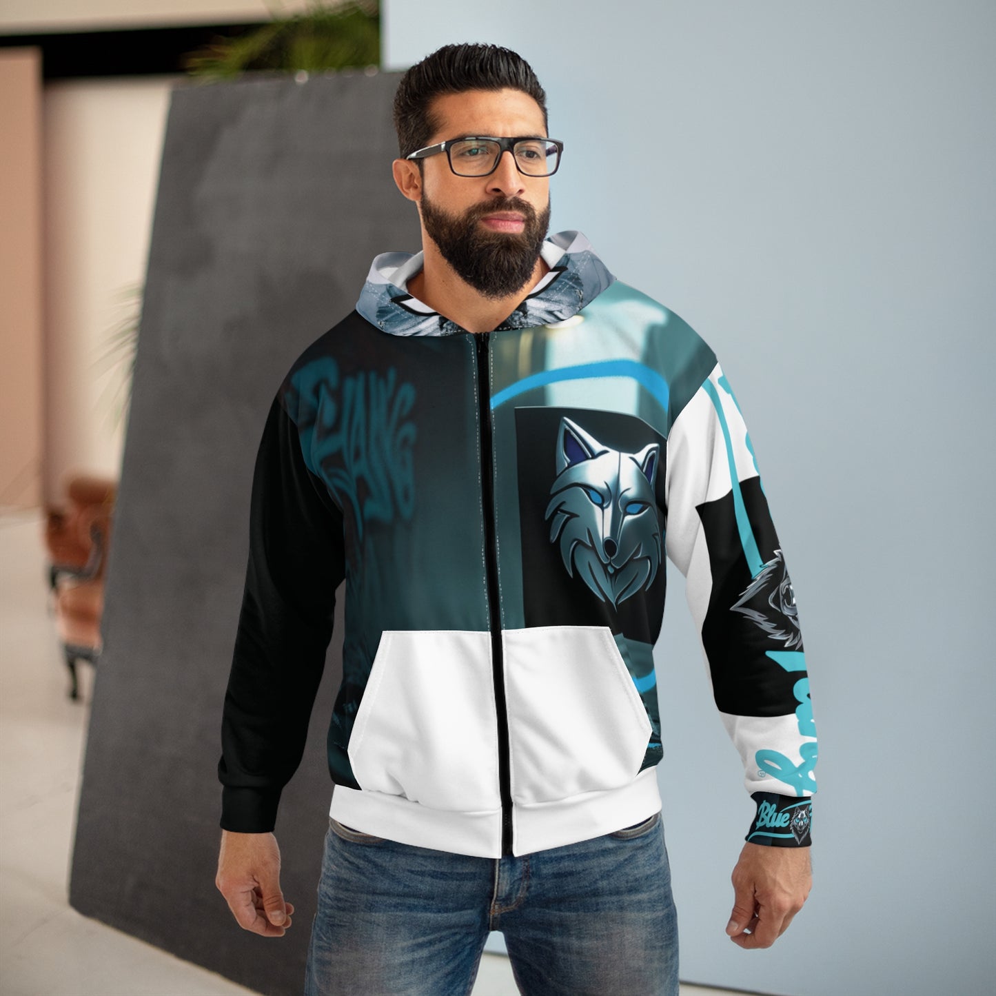 Blue Fang Unisex Zip Hoodie - Street Urban Wolf Design