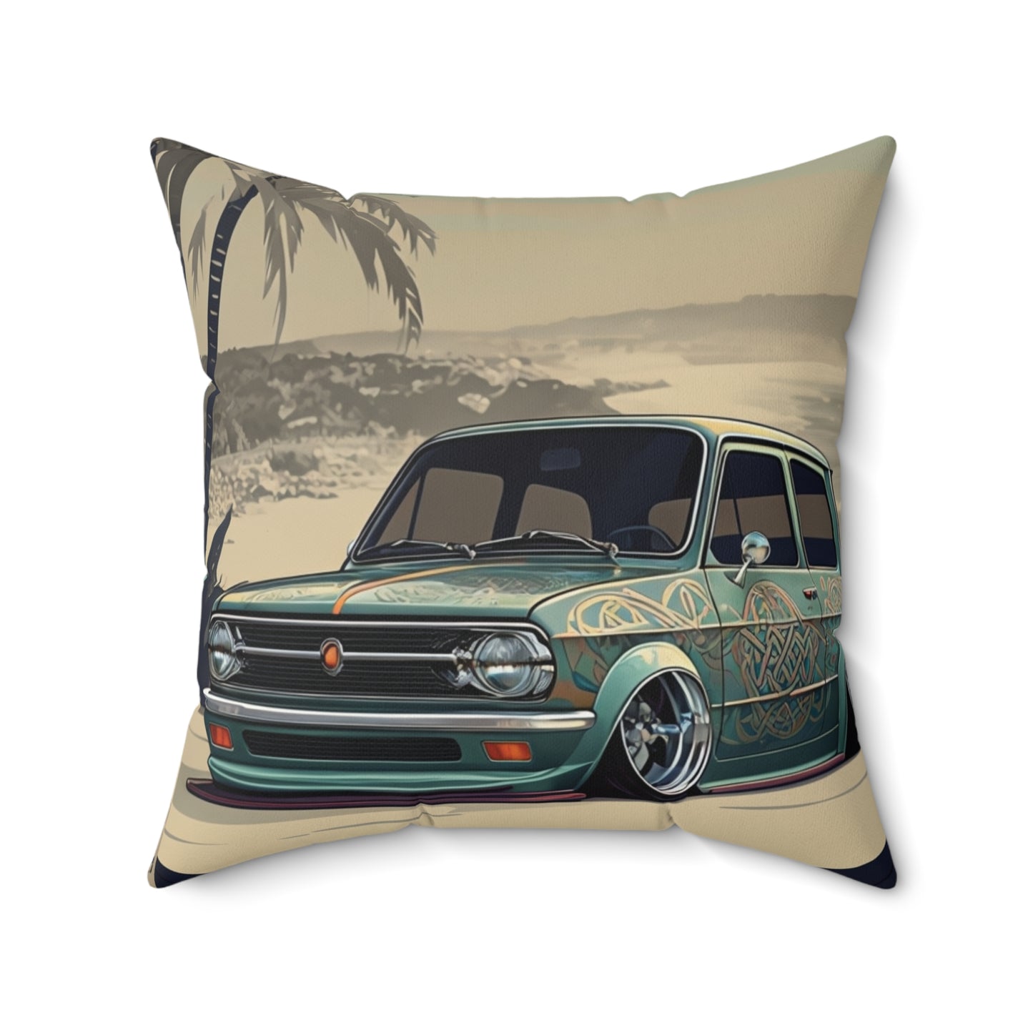 Square Pillow - Beach Side Classic Car Design