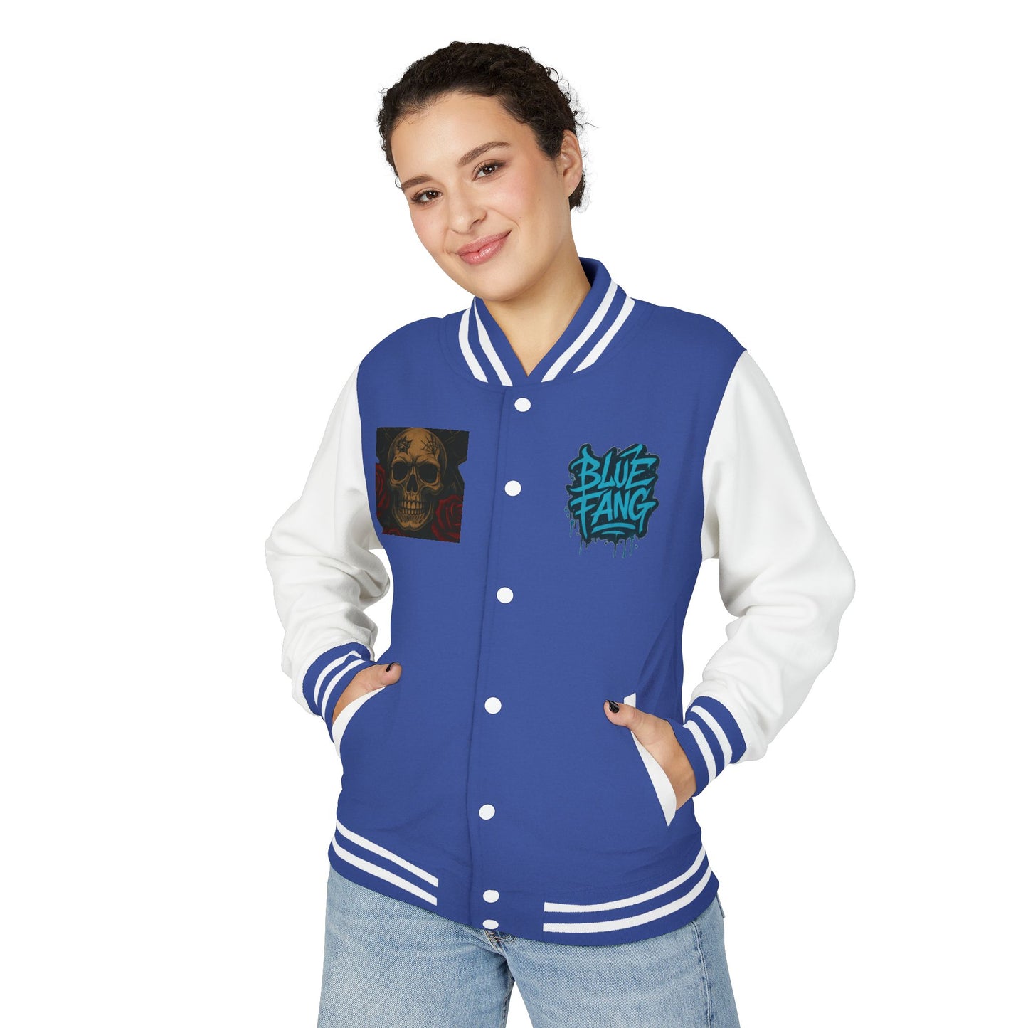 Edgy Unisex Heavyweight Letterman Jacket with Skull Design, Retro Bomber Style, Streetwear, Halloween Costume, Unique Gift Idea