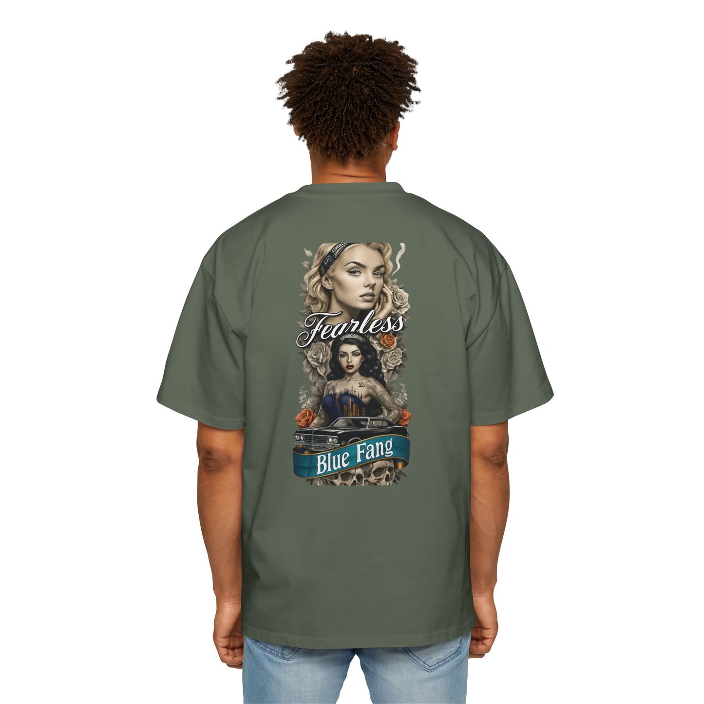 Fearless Blue Fang Men's Heavy Oversized Tee, Graphic Shirt for Casual Wear, Gift for Him, Streetwear Fashion, Unique Art Tee