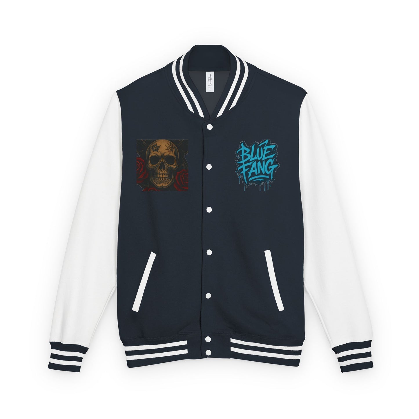Edgy Unisex Heavyweight Letterman Jacket with Skull Design, Retro Bomber Style, Streetwear, Halloween Costume, Unique Gift Idea