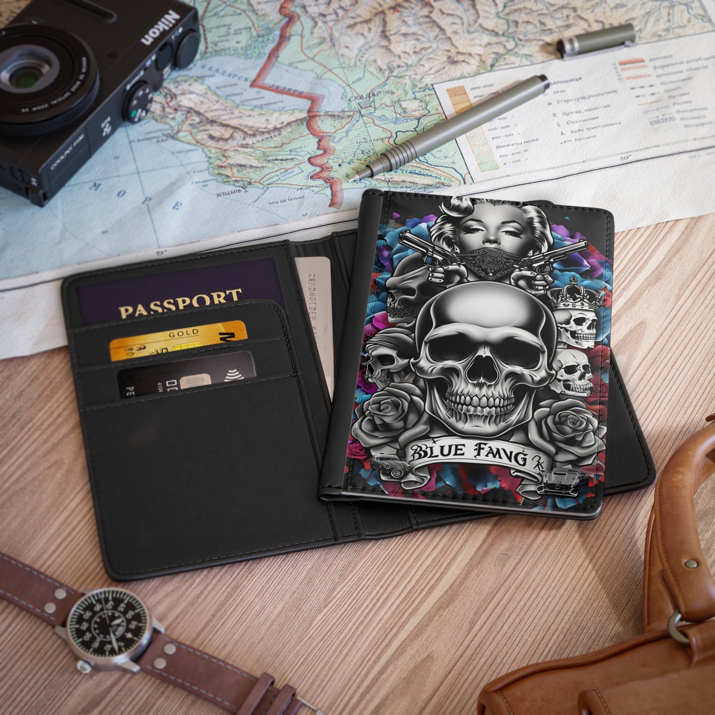 Stylish Passport Cover with Skull and Floral Design, Travel Accessory, Gift for Wanderlust, Unique Passport Holder, Goth Travel Gear
