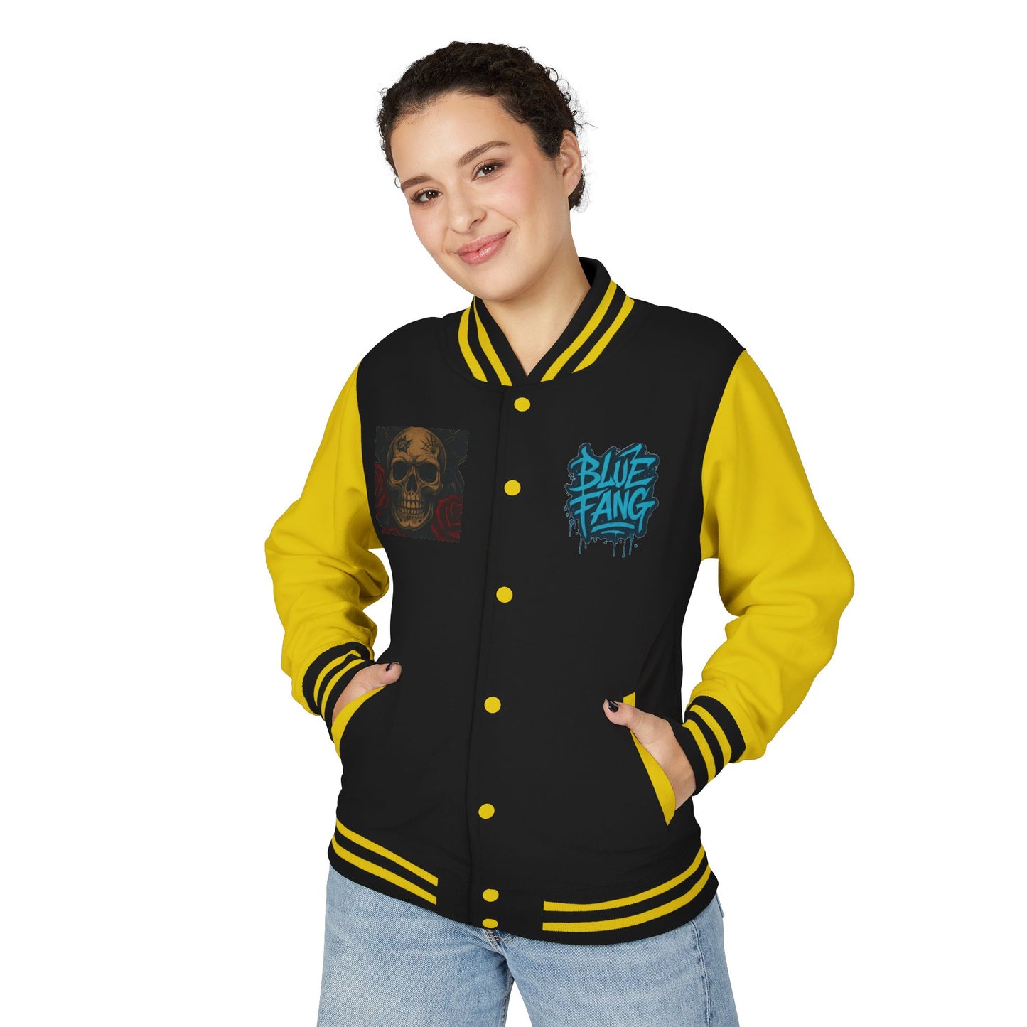 Edgy Unisex Heavyweight Letterman Jacket with Skull Design, Retro Bomber Style, Streetwear, Halloween Costume, Unique Gift Idea