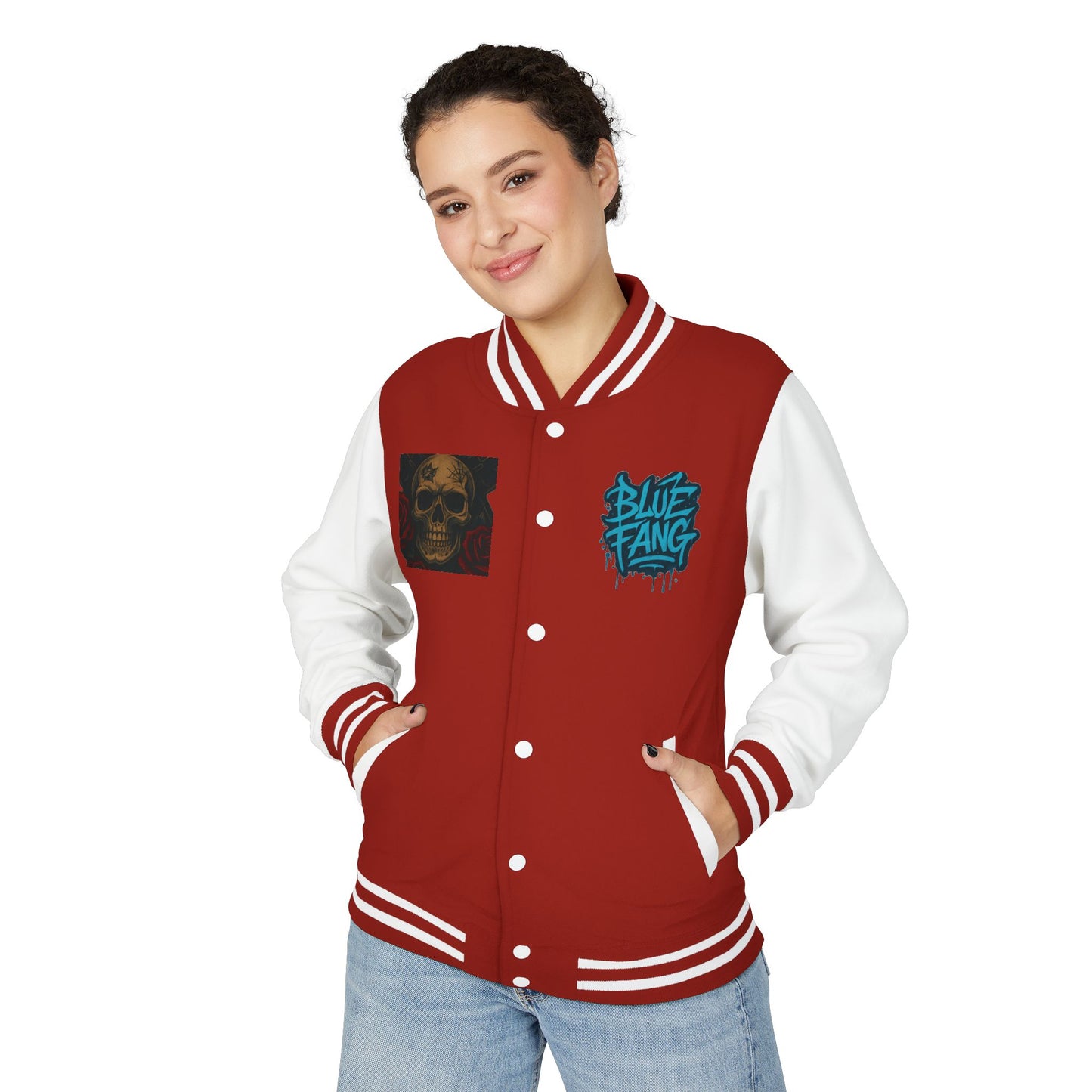 Edgy Unisex Heavyweight Letterman Jacket with Skull Design, Retro Bomber Style, Streetwear, Halloween Costume, Unique Gift Idea