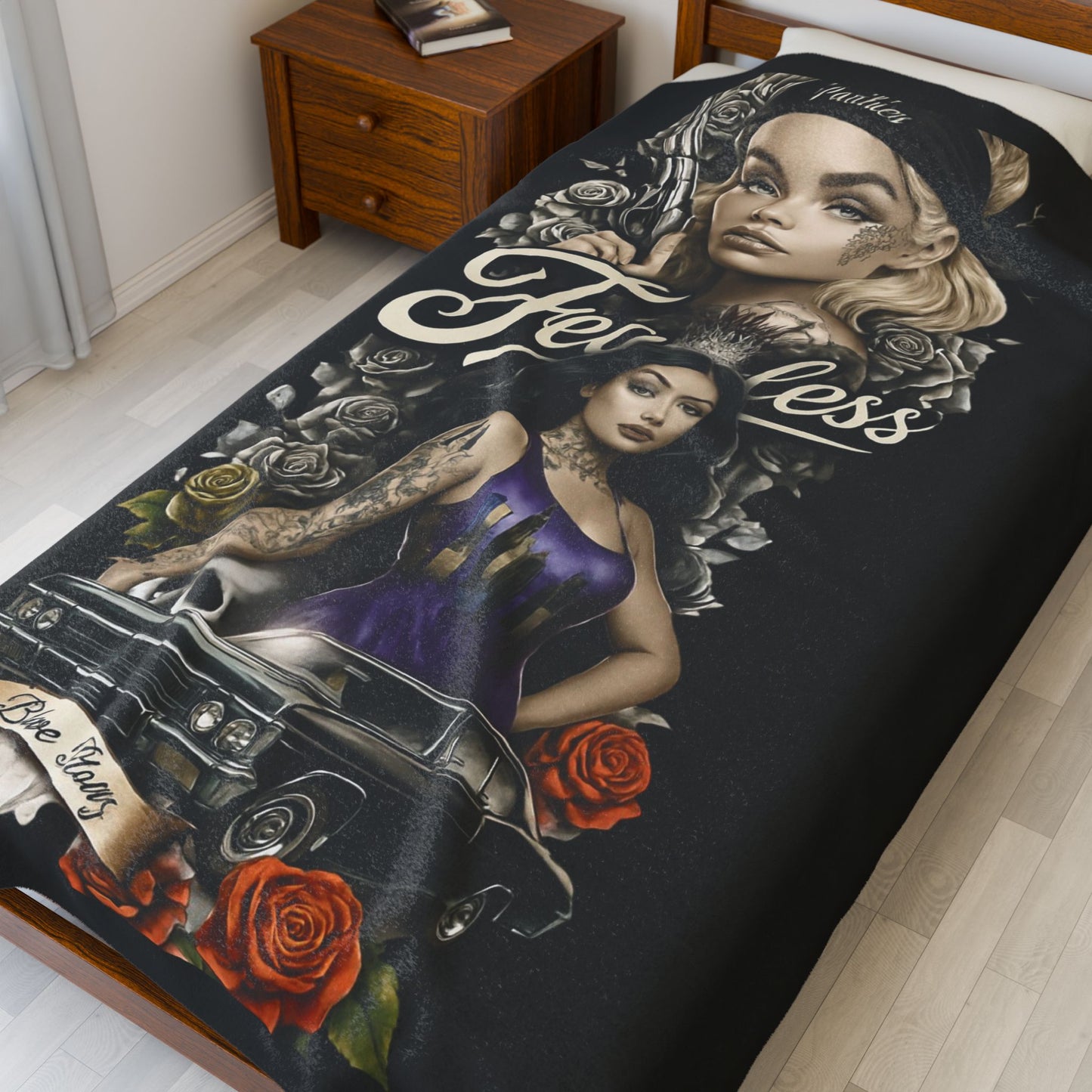 Fearless Tattoo Art Velveteen Plush Blanket, Cozy Throw, Unique Gift for Her, Boho Decor, Perfect for Women, Home Comfort