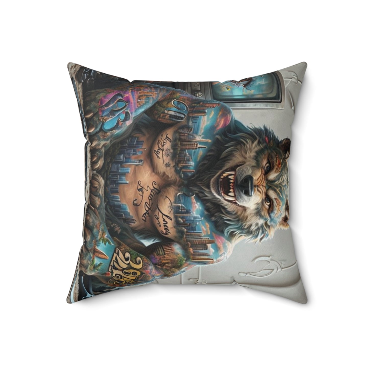 Urban Animal Art Pillow, Faux Suede Decorative Pillow, Street Art Home Décor, Unique Gift for Animal Lovers, Tattoo Bear and Wolf [...]