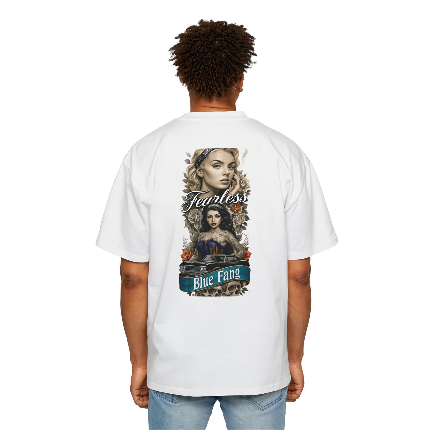 Fearless Blue Fang Men's Heavy Oversized Tee, Graphic Shirt for Casual Wear, Gift for Him, Streetwear Fashion, Unique Art Tee