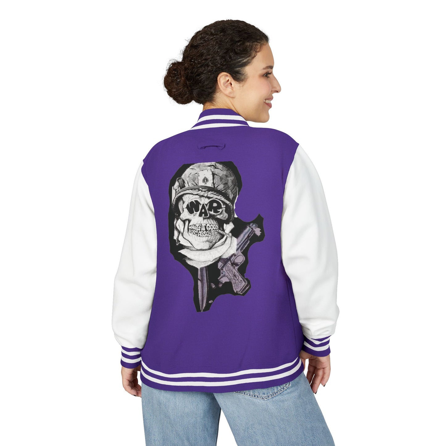 Edgy Unisex Heavyweight Letterman Jacket with Skull Design, Retro Bomber Style, Streetwear, Halloween Costume, Unique Gift Idea