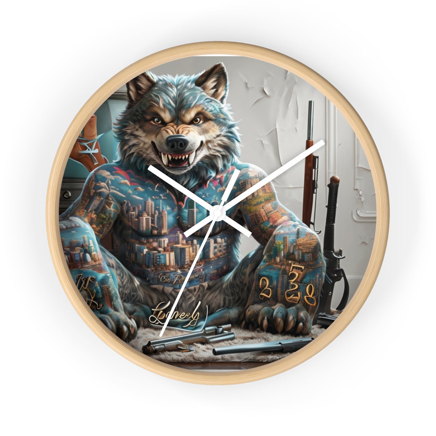 Tattooed Wolf Wall Clock - Urban Art Decor, Unique Gift, Home Office Vibe, Creative Wall Art, Animal Lover Gift