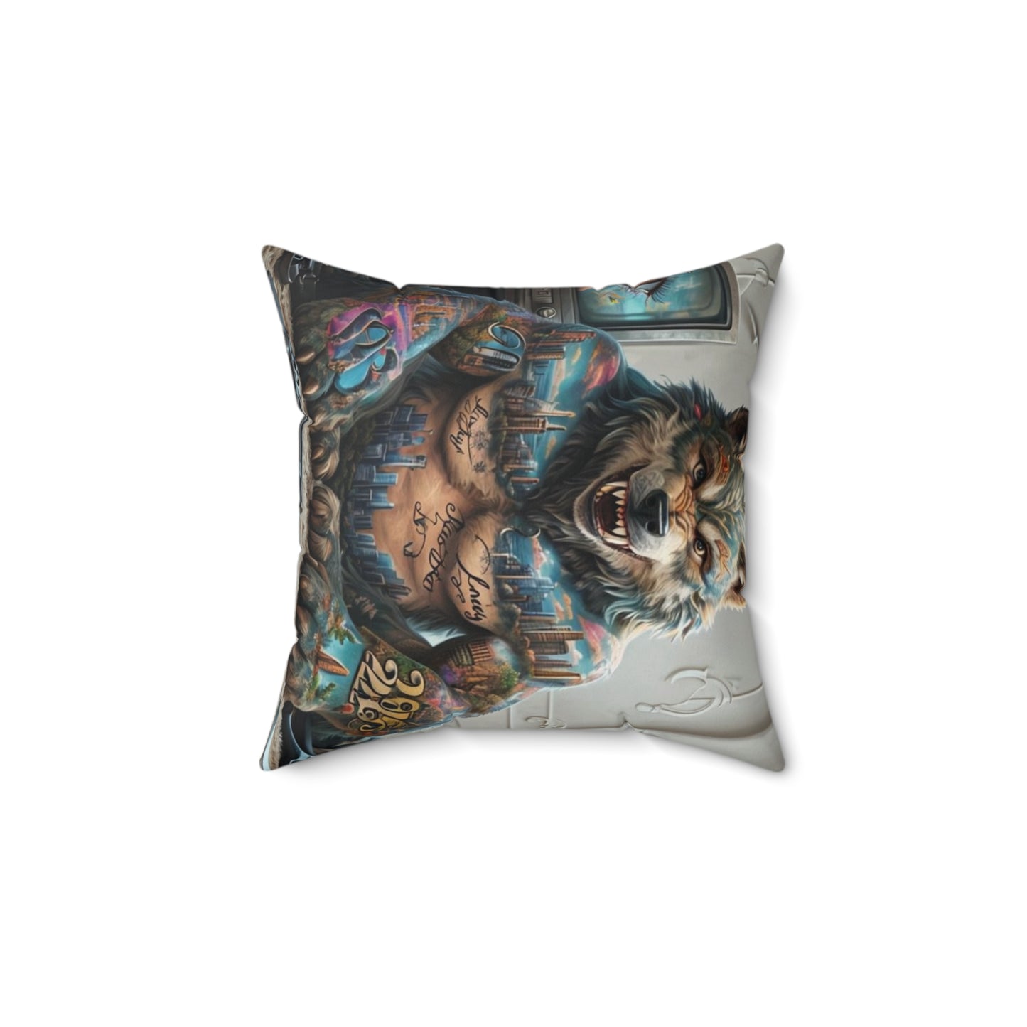 Urban Animal Art Pillow, Faux Suede Decorative Pillow, Street Art Home Décor, Unique Gift for Animal Lovers, Tattoo Bear and Wolf [...]