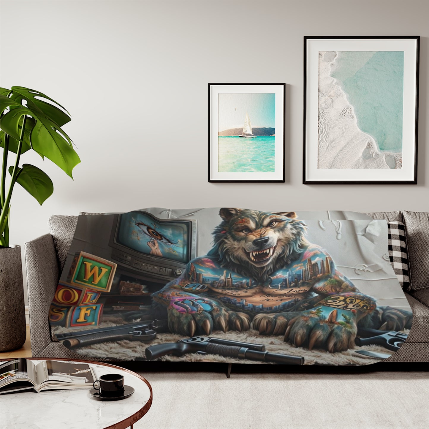 Urban Style Sherpa Blanket - Cozy, Artistic, Perfect for Home Decor, Gifts, or Cozy Nights In, Blue Fang Theme, Plush Throw Blanket