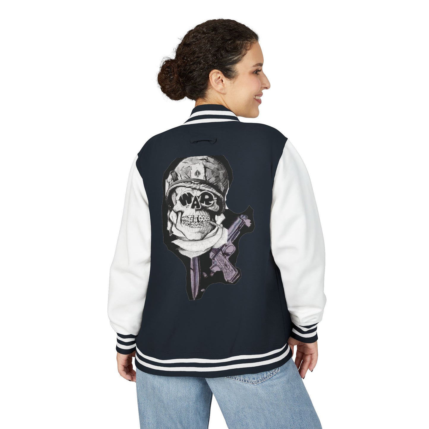 Edgy Unisex Heavyweight Letterman Jacket with Skull Design, Retro Bomber Style, Streetwear, Halloween Costume, Unique Gift Idea